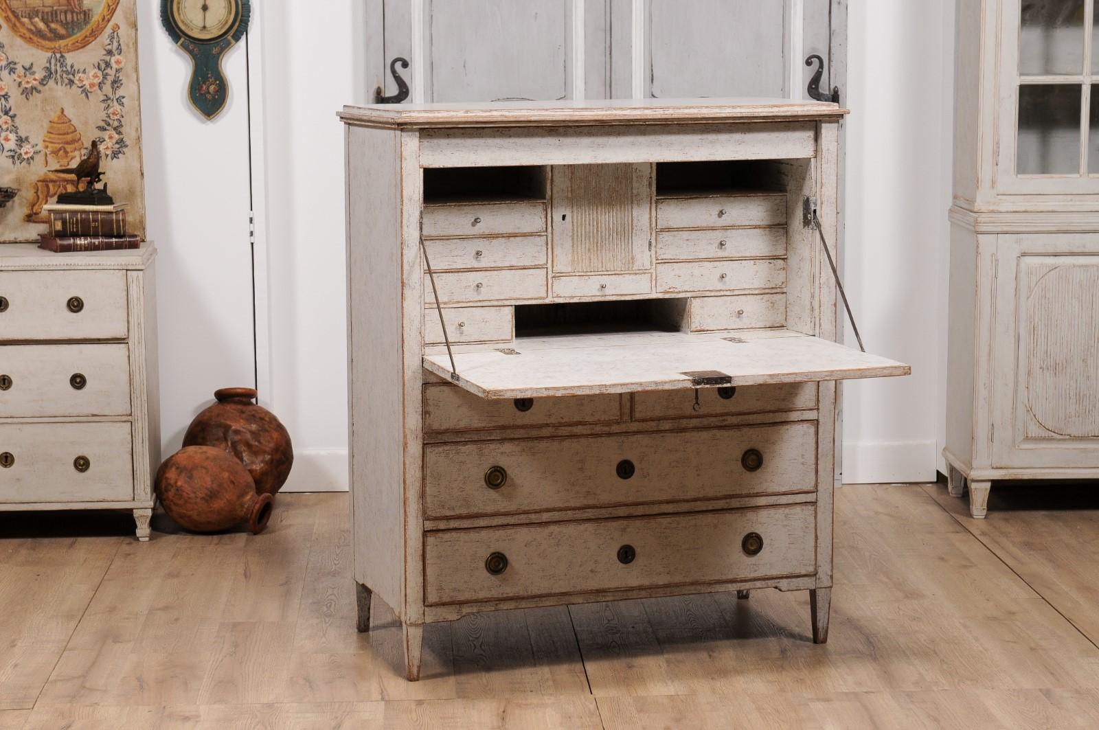 1780s Gustavian Period Swedish Grey Painted Drop-Front Secretary with Drawers For Sale 1