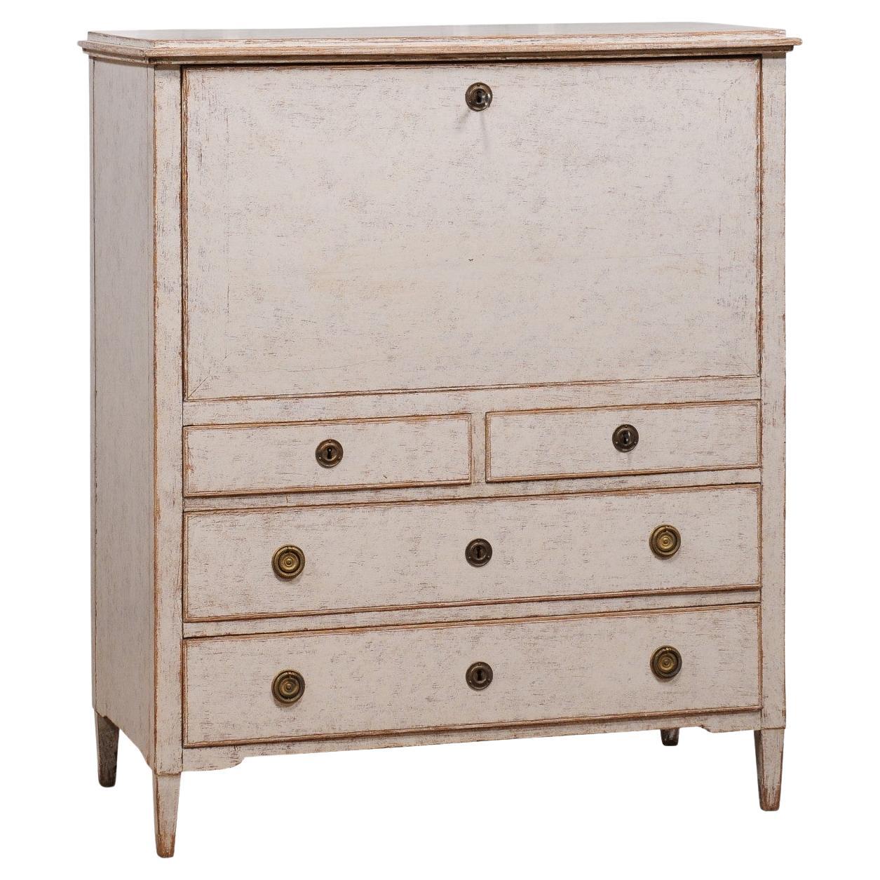 1780s Gustavian Period Swedish Grey Painted Drop-Front Secretary with Drawers For Sale