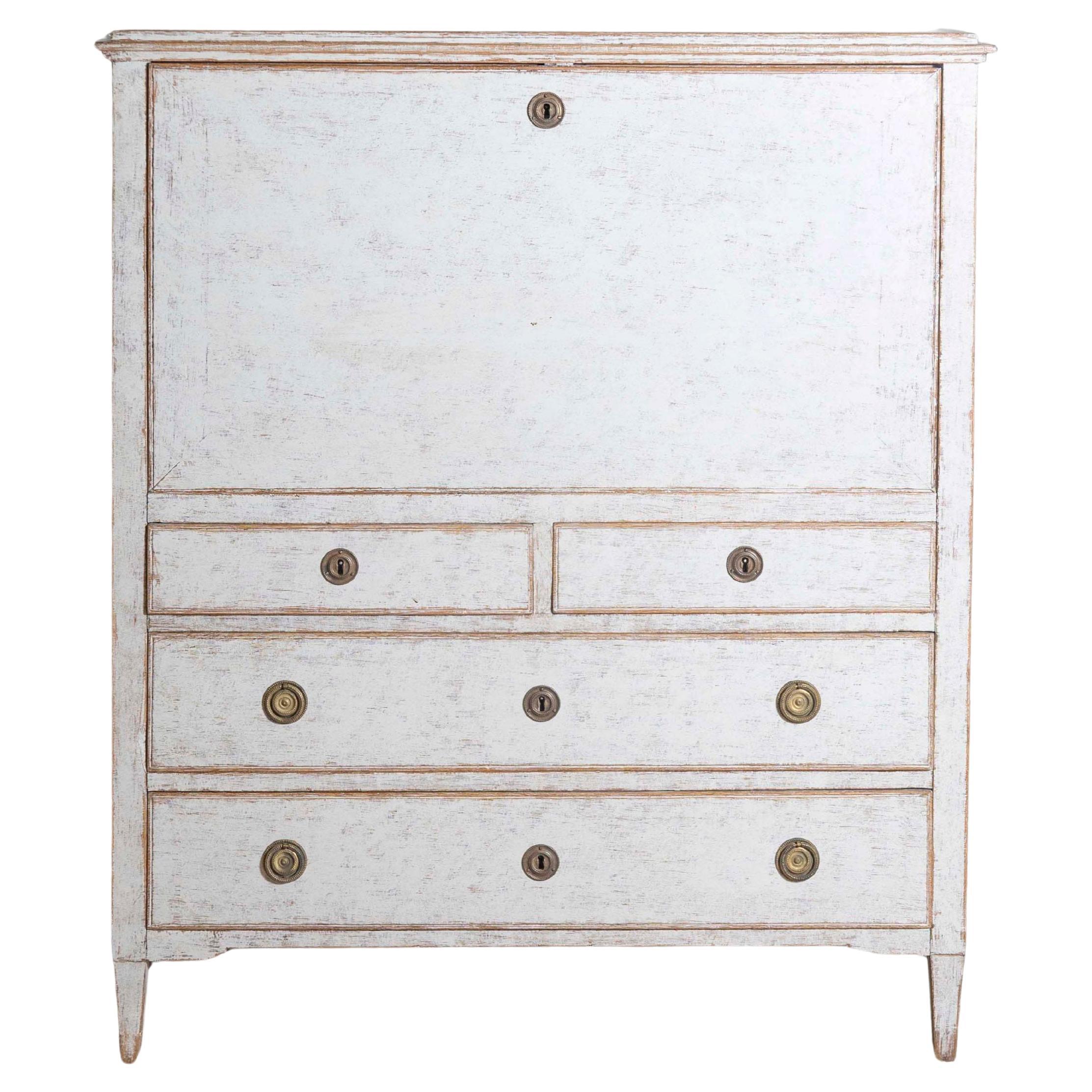 1780s Periodo Gustaviano Sueco Pintado Gris Secretario con Cajones