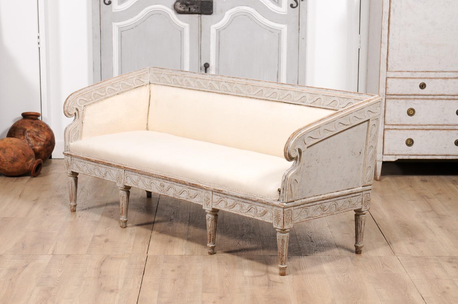 1780s Gustavian Period Swedish Sofa with Carved Vitruvian Scroll Inspired Frieze 6
