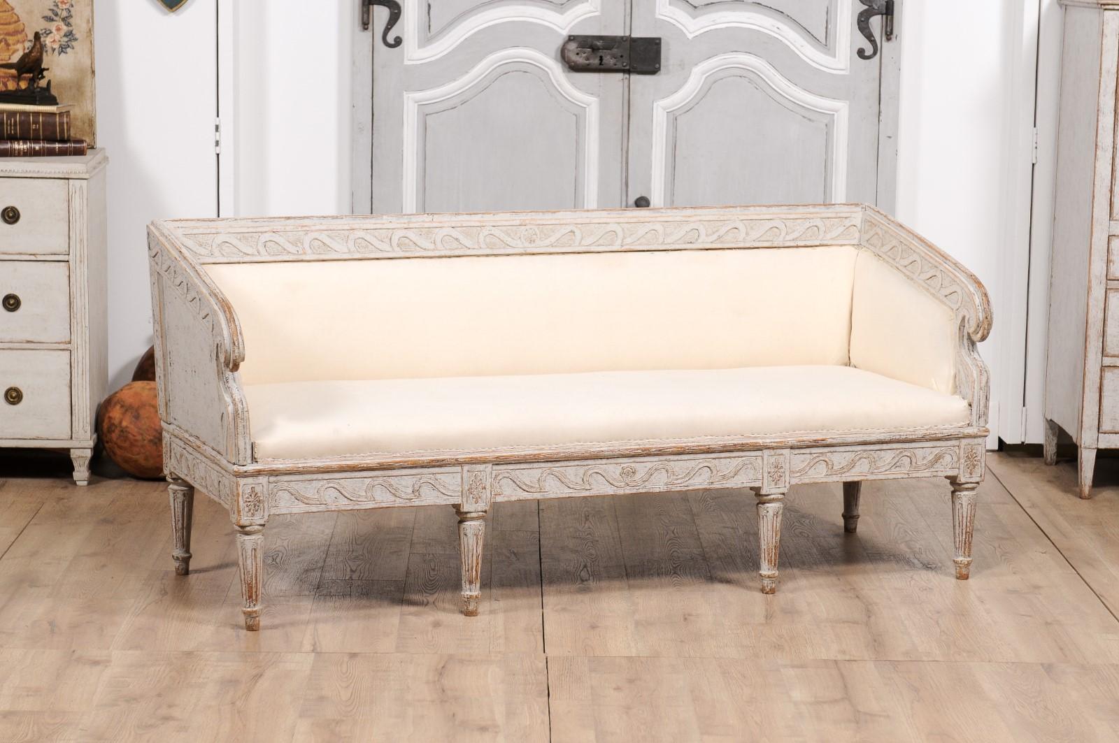 Painted 1780s Gustavian Period Swedish Sofa with Carved Vitruvian Scroll Inspired Frieze