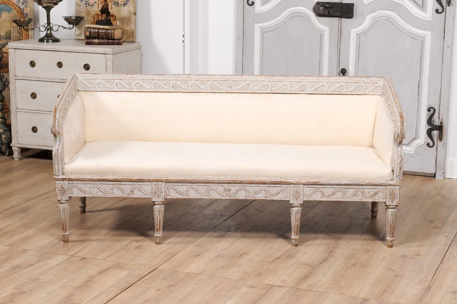 18th Century 1780s Gustavian Period Swedish Sofa with Carved Vitruvian Scroll Inspired Frieze