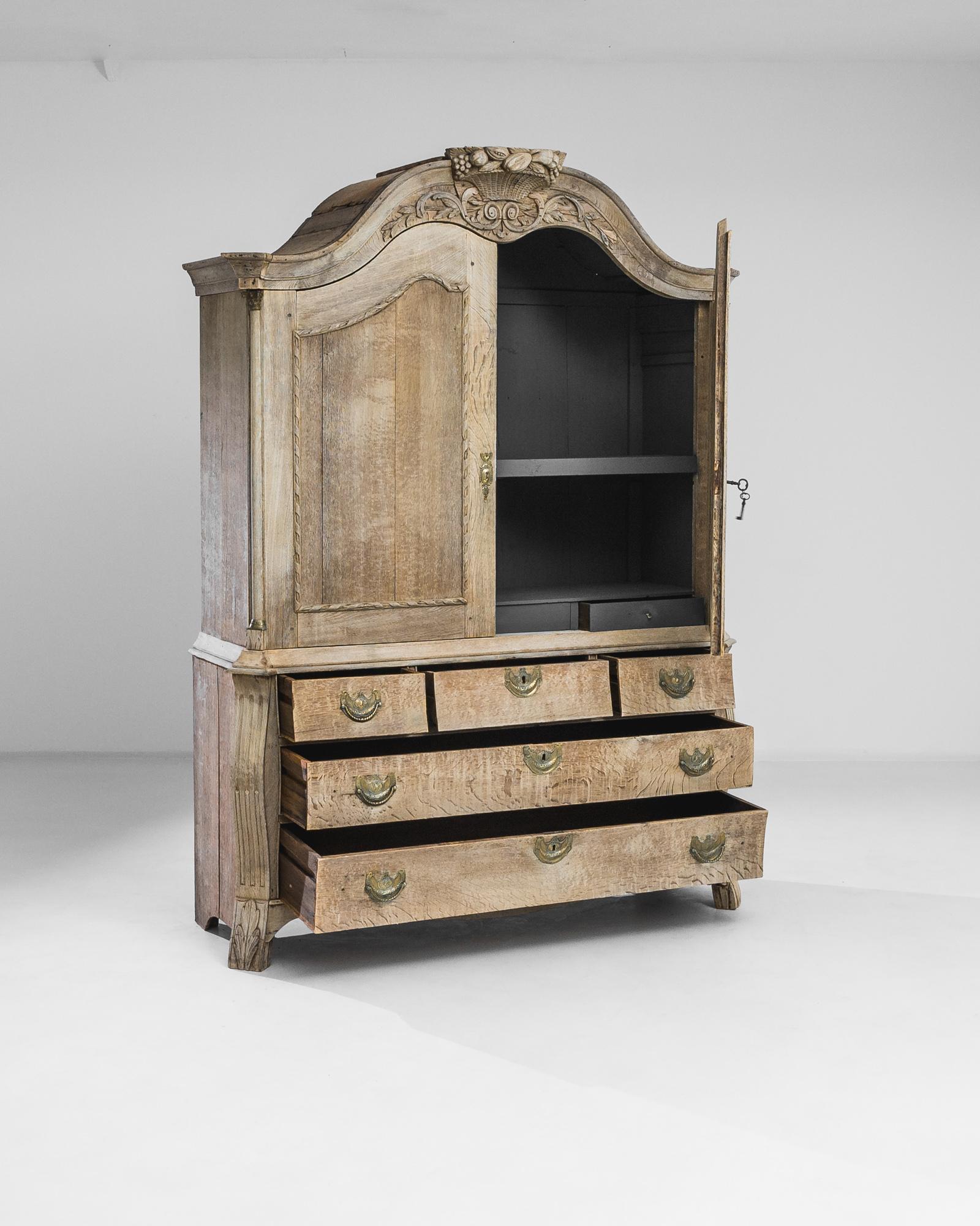Hand-Carved 1780s Netherlands Bleached Oak Cabinet