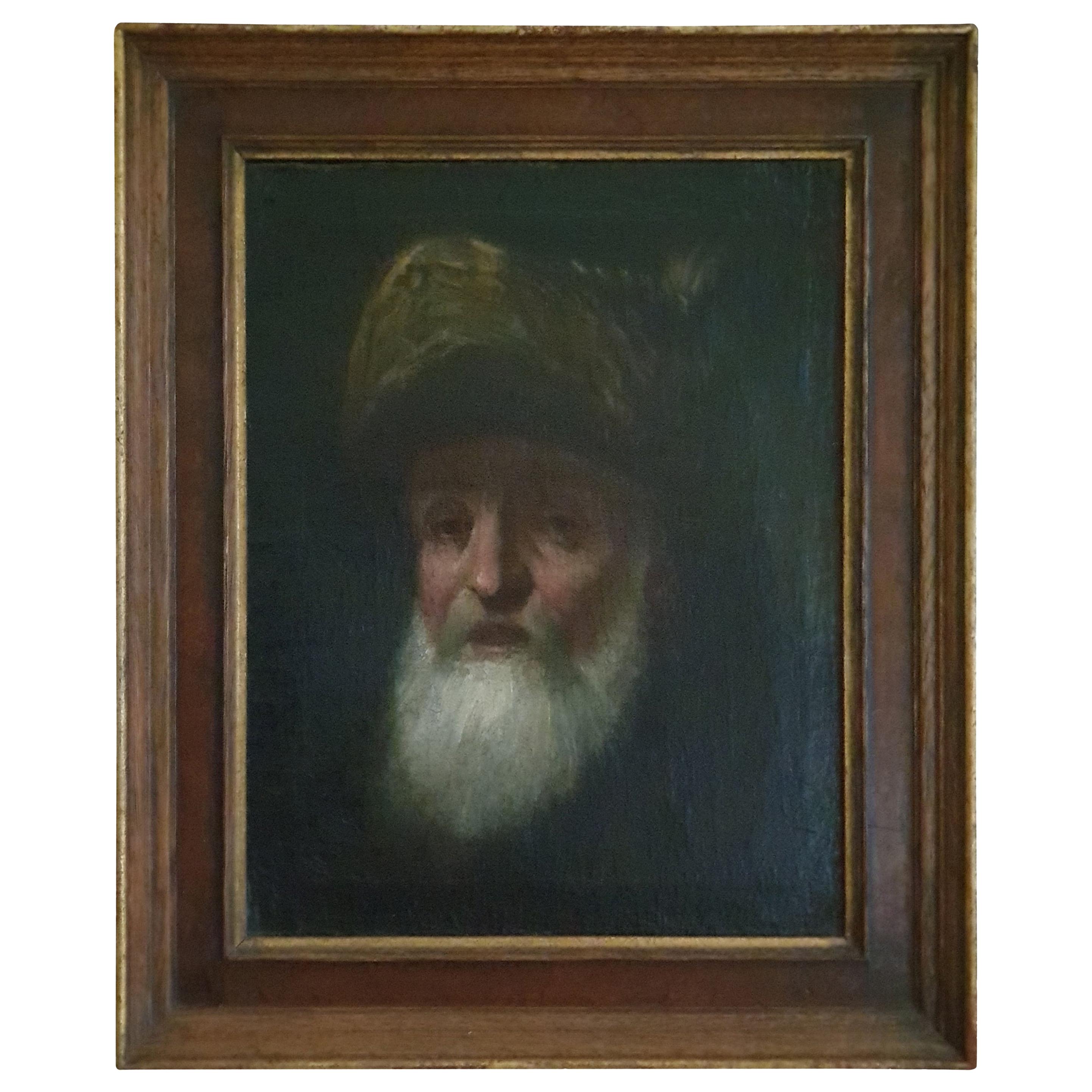 Hand Painted Dutch Painting Executed in the Style of Rembrandt Depicting A Rabbi For Sale