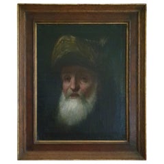 Antique Hand Painted Dutch Painting Executed In The Style of Rembrandt Depicting A Rabbi