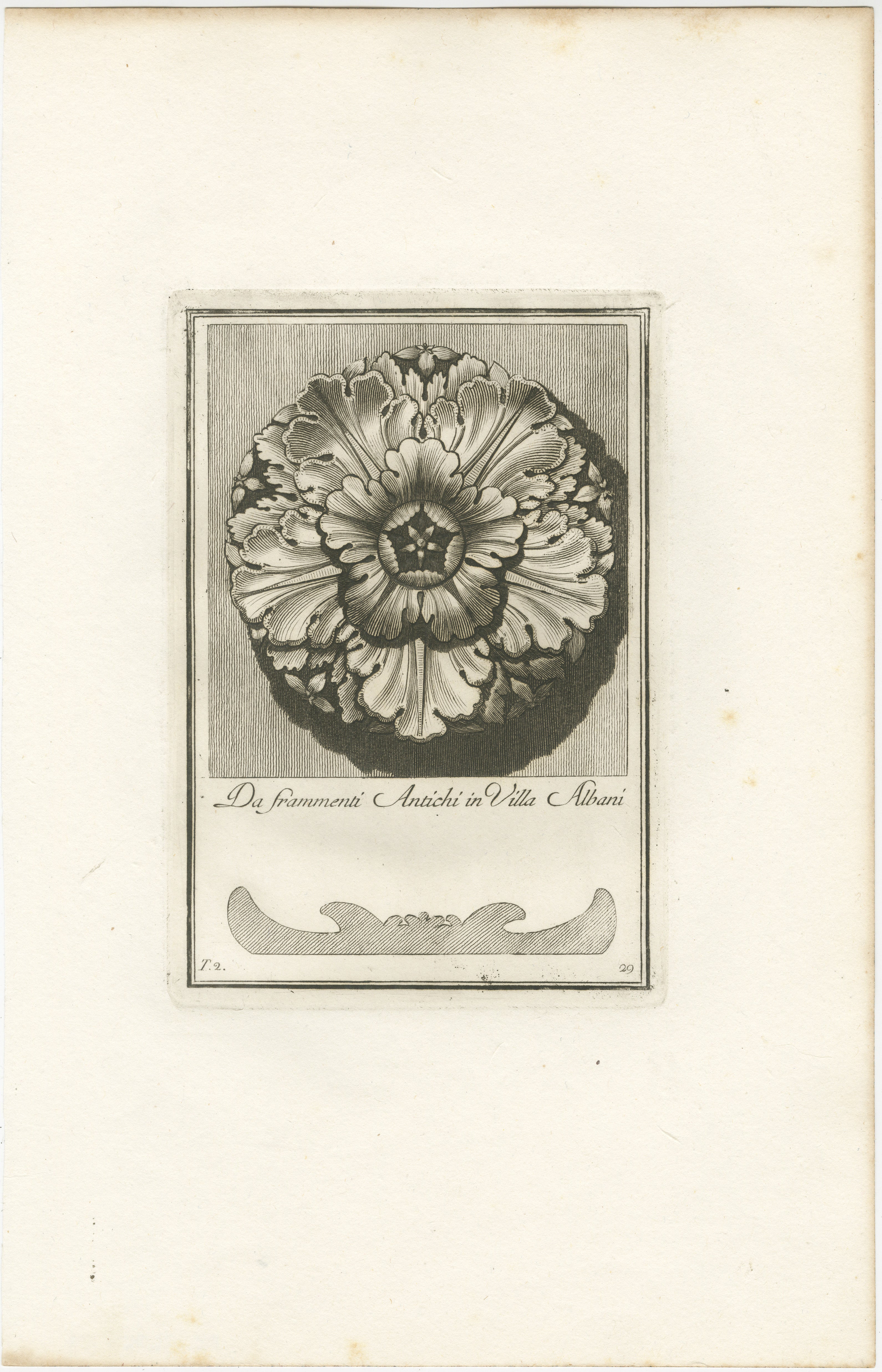 This exquisite engraving, dating back to around 1780, presents a masterfully crafted rosette, a decorative motif that captures the elegance and refined aesthetic of the neoclassical period. The piece, titled 