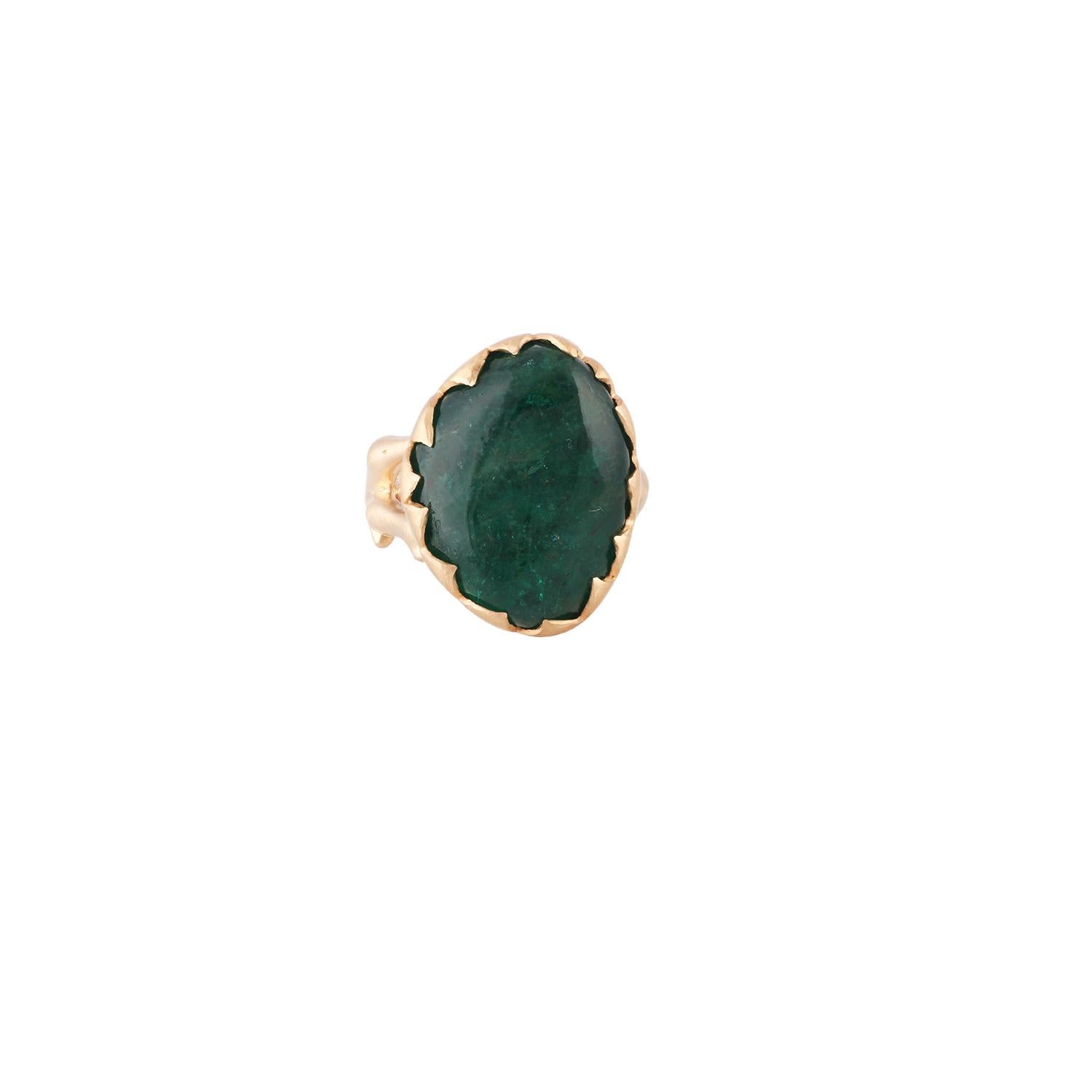 A one of a kind, cabochon Zambian Emerald weighing (17.82 carats) with Diamond 
 Diamond - 0.03 Carat 
Gold 18K Yellow Gold
 

The ring is currently sized at US 5.5
Ring Can be Resized And Ring come Along With Prestation Box.

Please feel free to