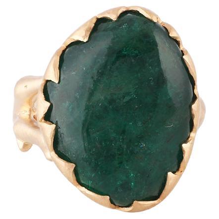 17.82 Carat Cabochon Zambian Emerald  & Diamond Ring in 18k Yellow Gold   For Sale