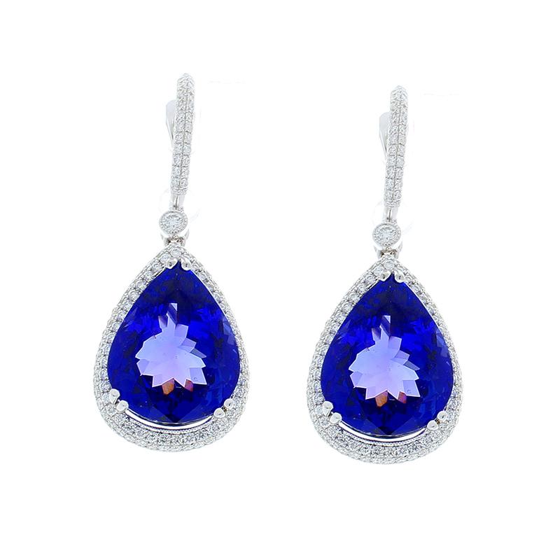 These incredible tanzanites and diamond drop earrings move freely and gracefully with each turn of the head. The earrings feature 17.82 carat total of sparkling bluish-violet tanzanite that are perfectly matched. This is the vivid color you want!