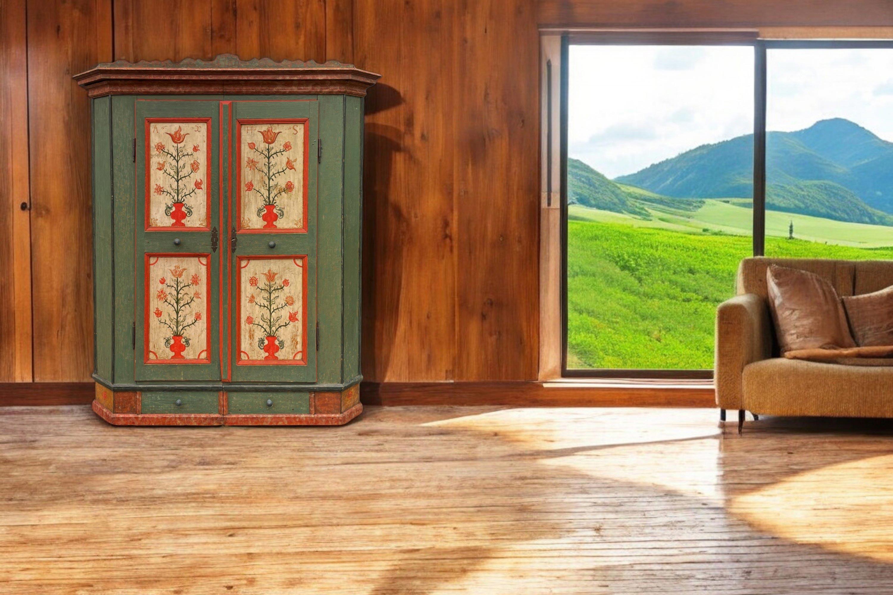 Fir 1782 Green Floral Painted Wardrobe