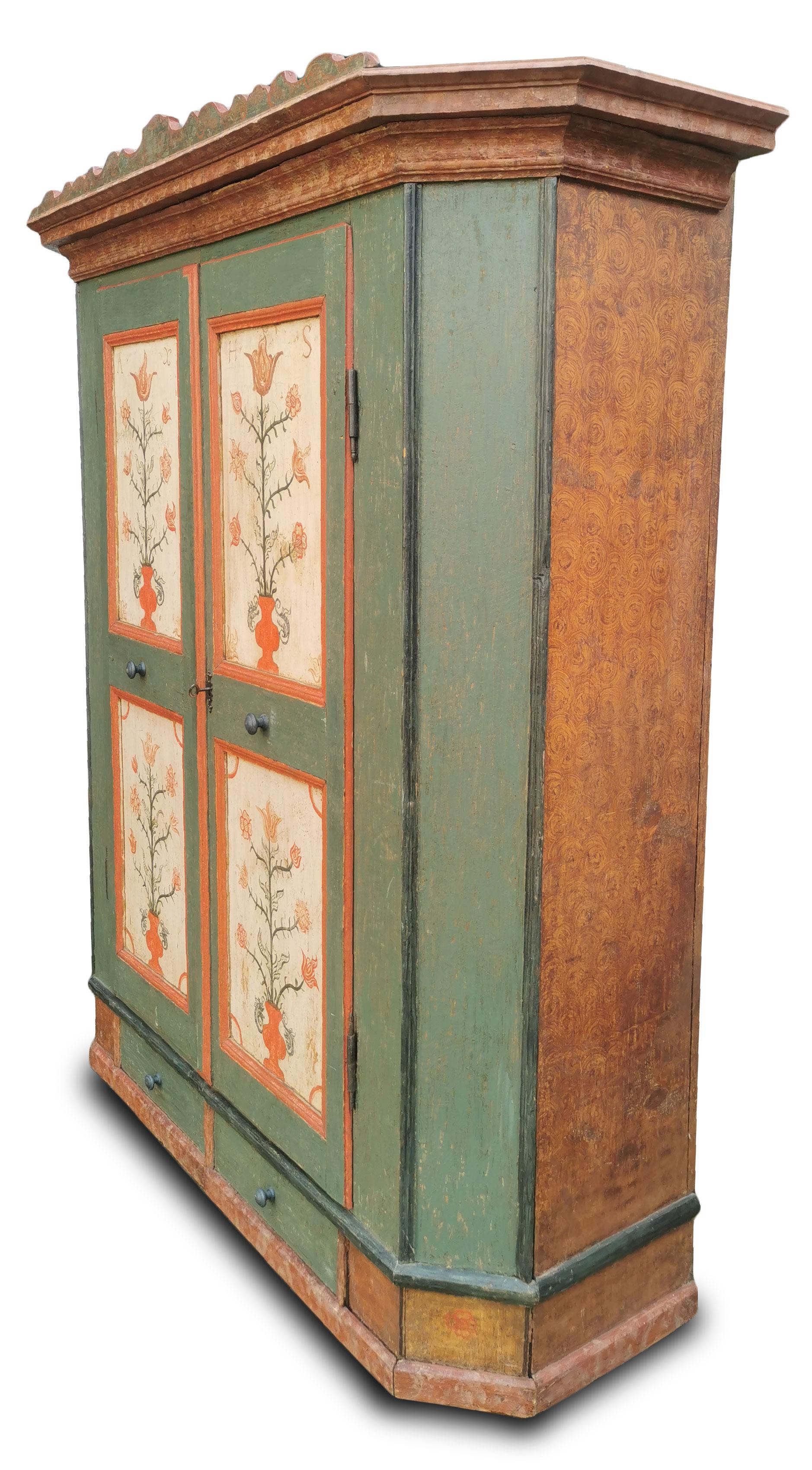 1782 Green Floral Painted Wardrobe For Sale 7
