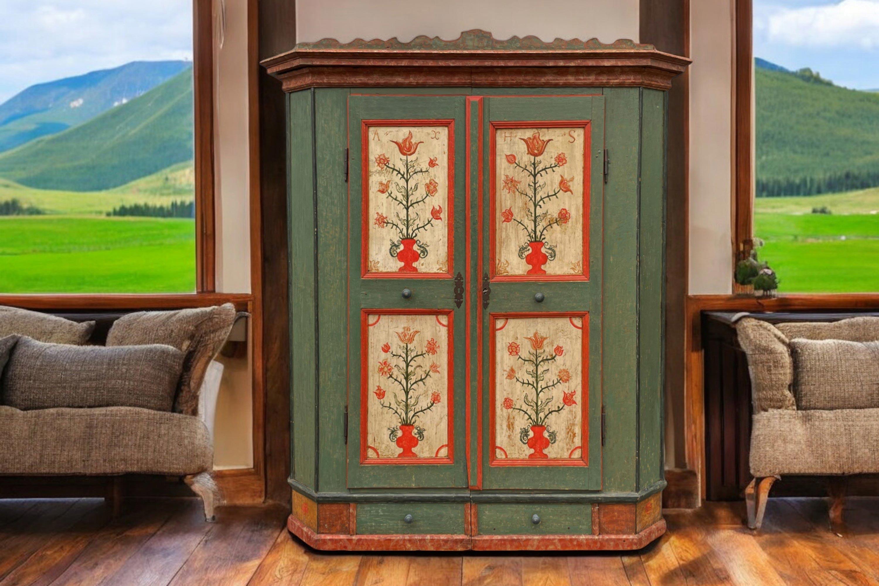 1782 Green Floral Painted Wardrobe 6