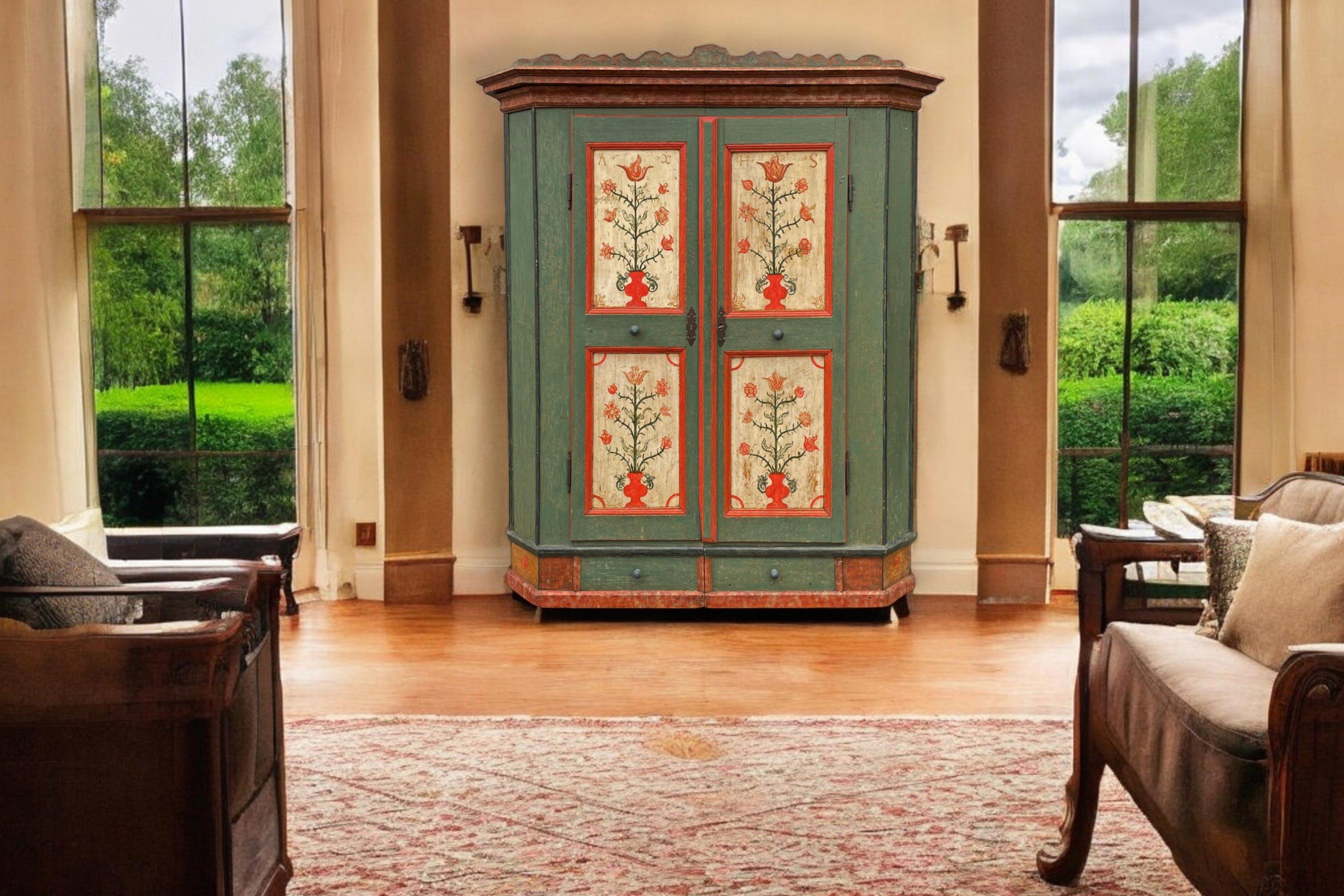 1782 Green Floral Painted Wardrobe 7
