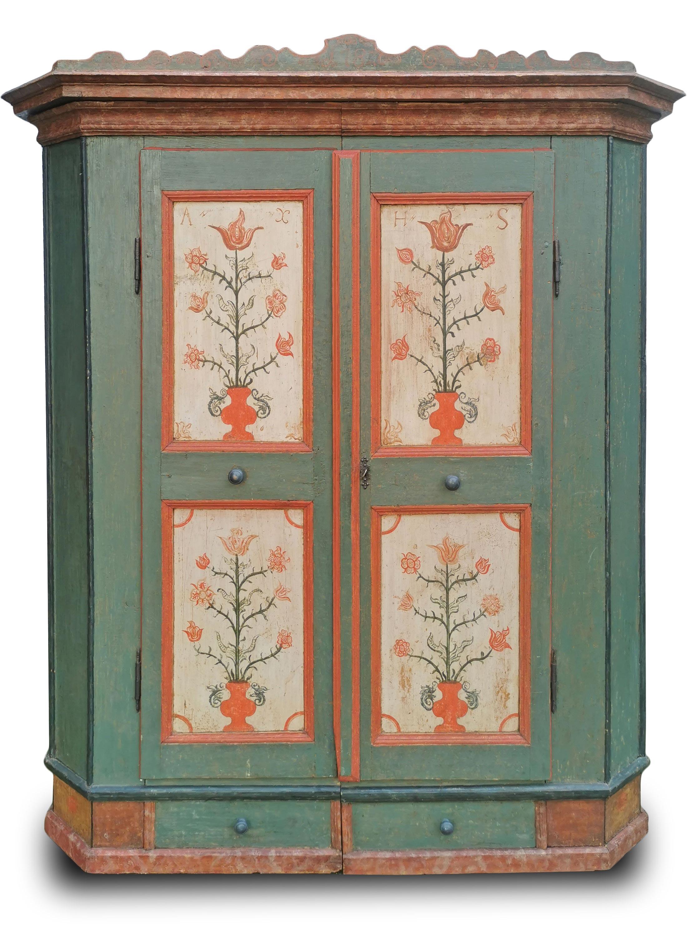 Austrian 1782 Green Floral Painted Wardrobe For Sale