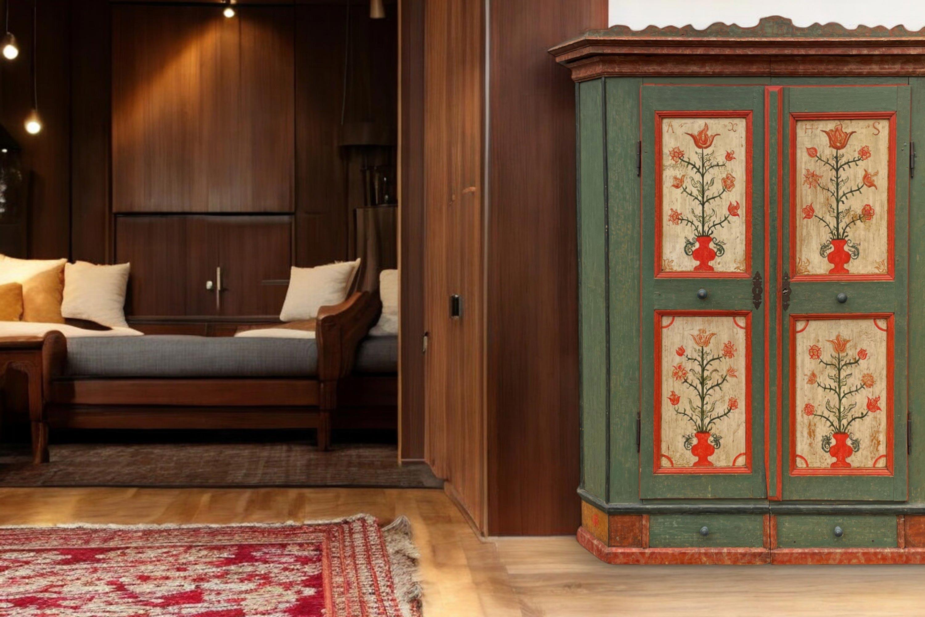 Louis XV 1782 Green Floral Painted Wardrobe