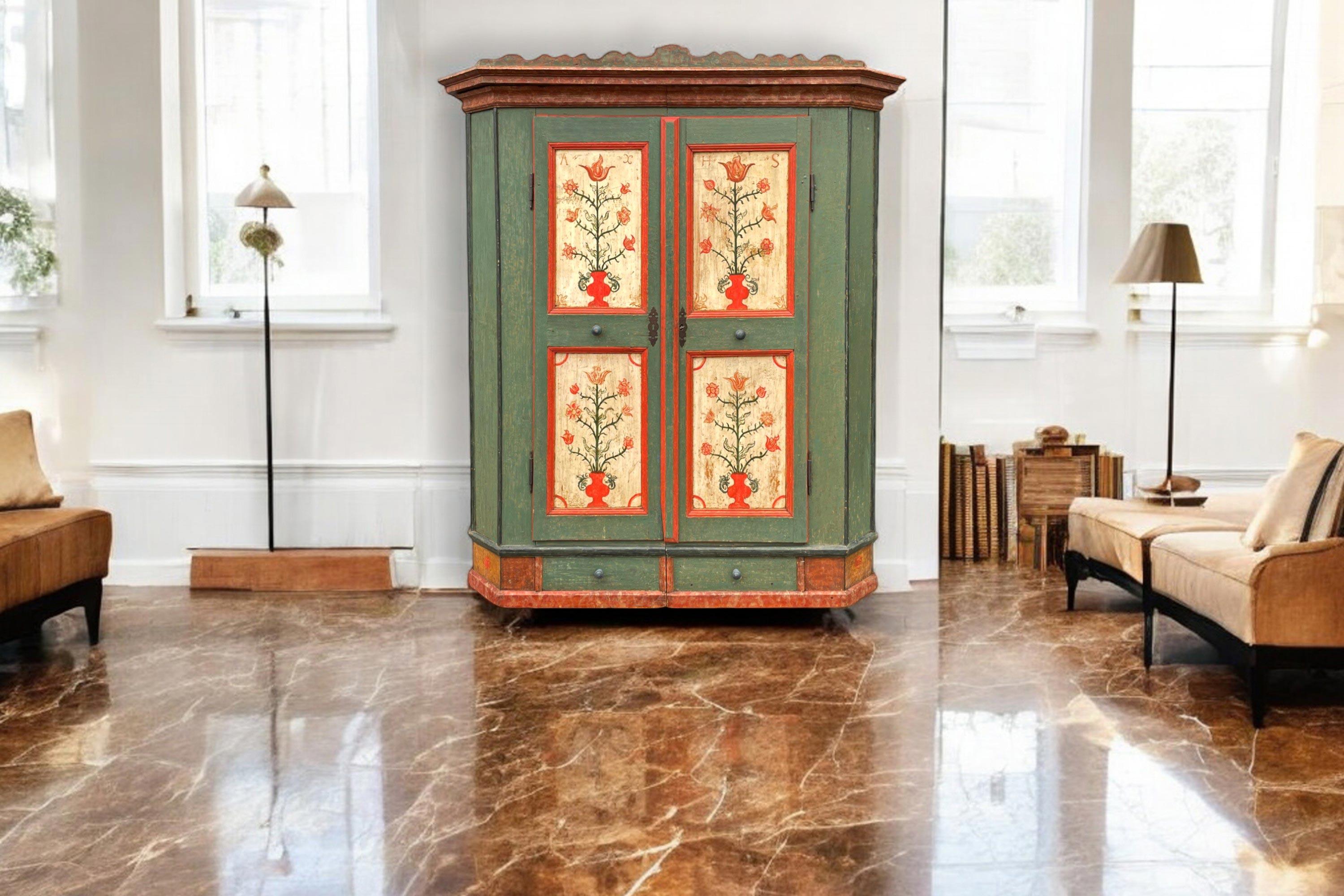 Late 18th Century 1782 Green Floral Painted Wardrobe