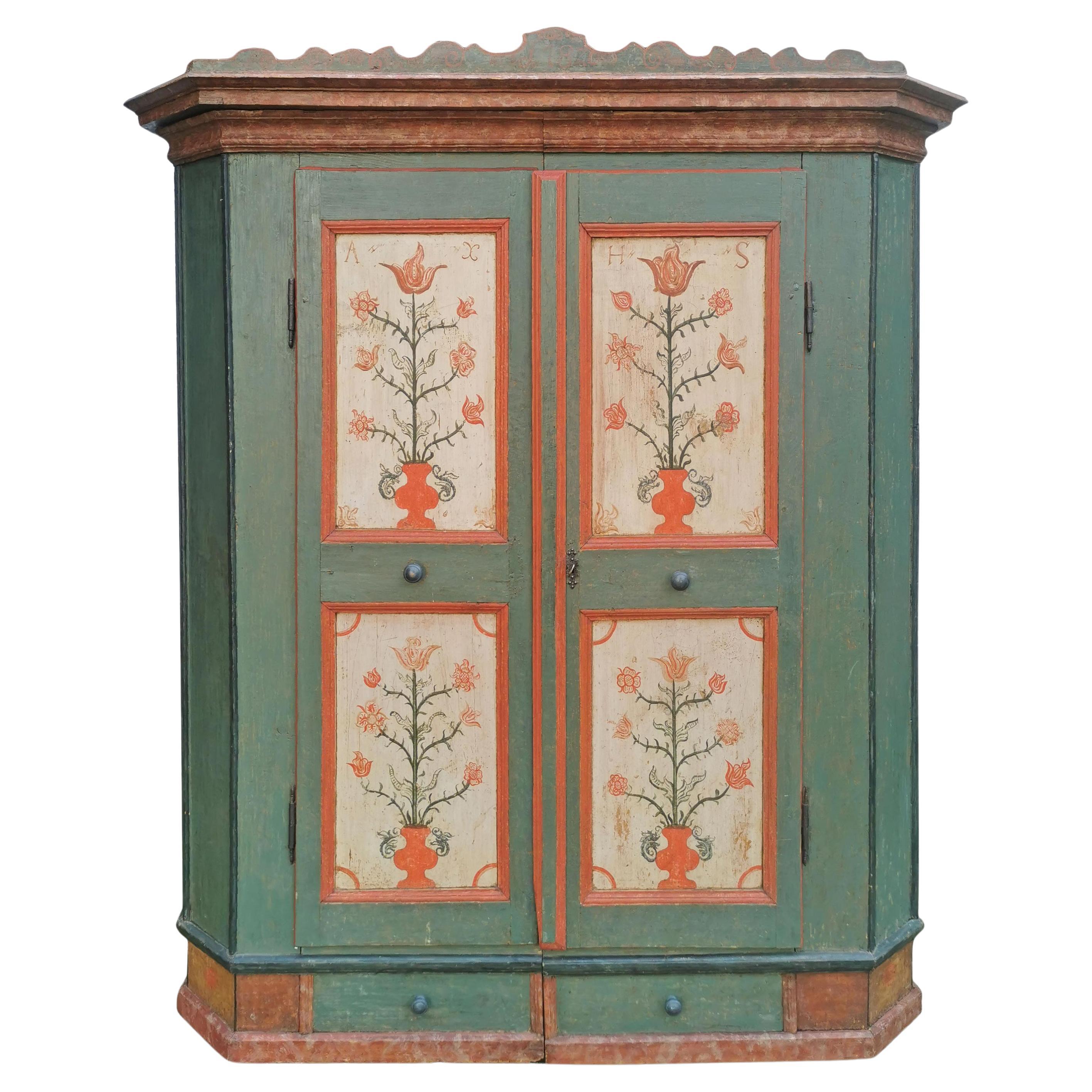 1782 Green Floral Painted Wardrobe