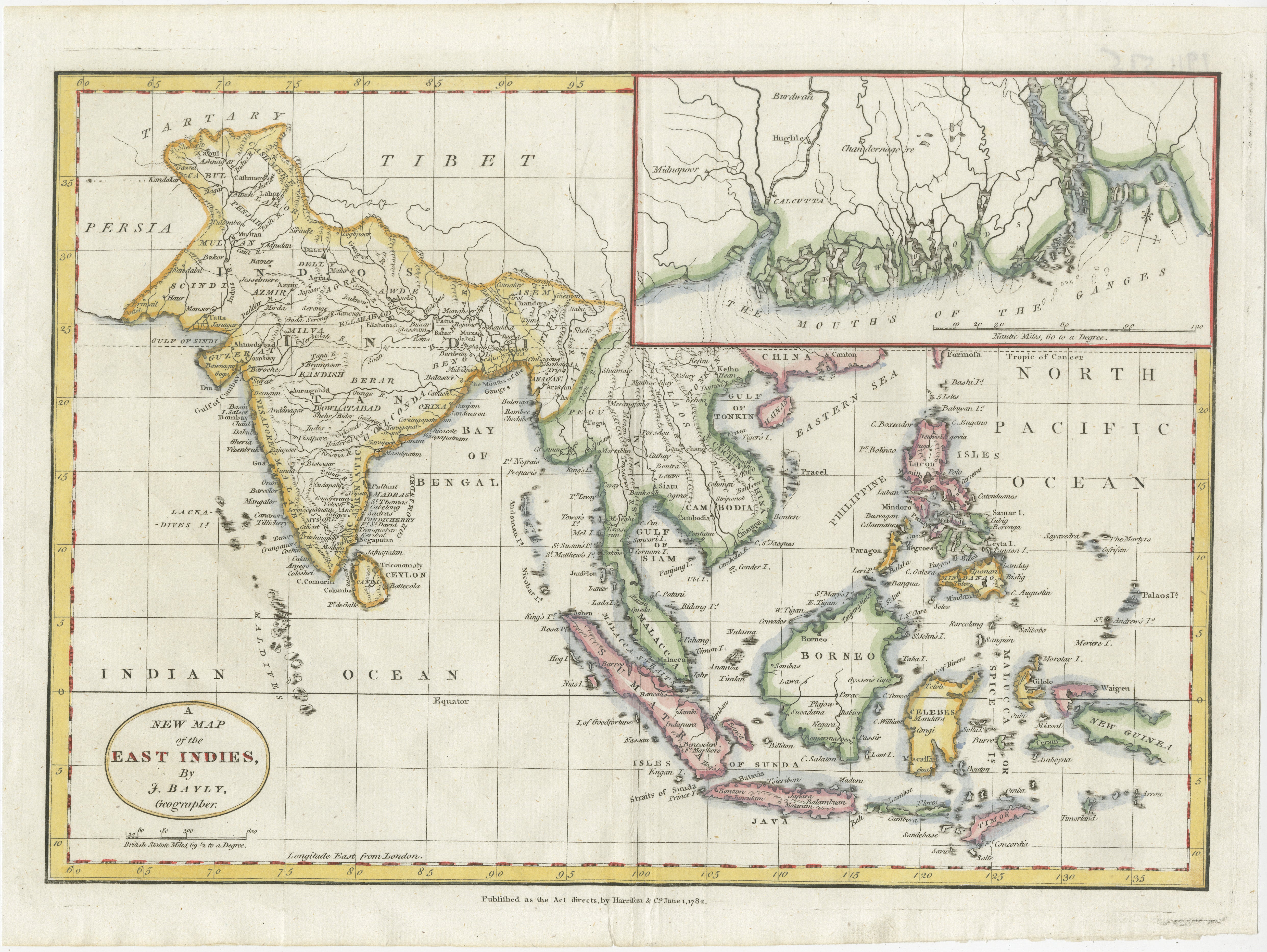 1782 Mapa Bayly de las Indias Orientales - India, Siam, Filipinas, Java, Borneo, Ganges
  
Este mapa finamente grabado y vibrantemente coloreado a mano, titulado 