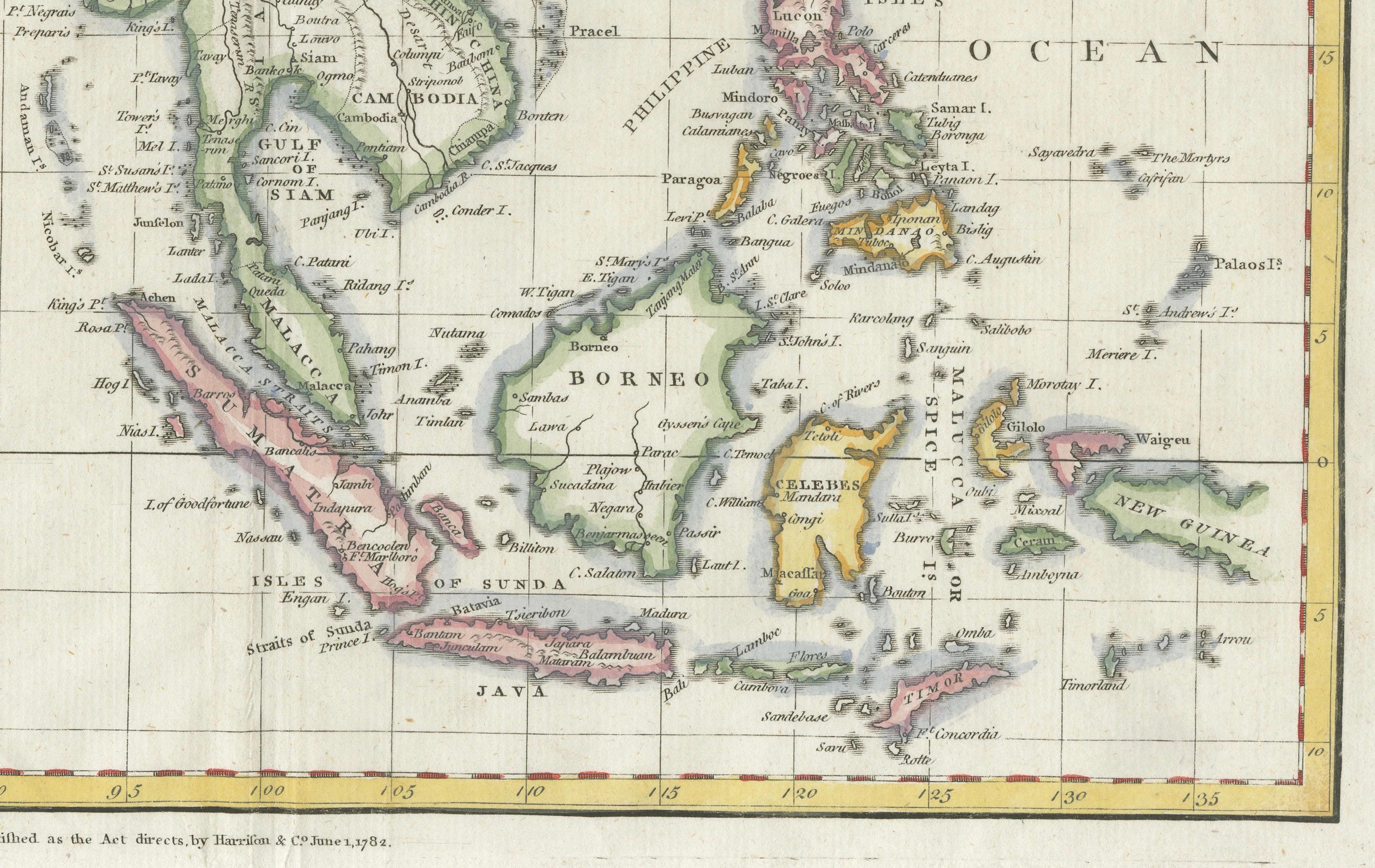 1782 Mapa de las Indias Orientales - India, Siam, Filipinas, Java, Borneo, Ganges en venta 1