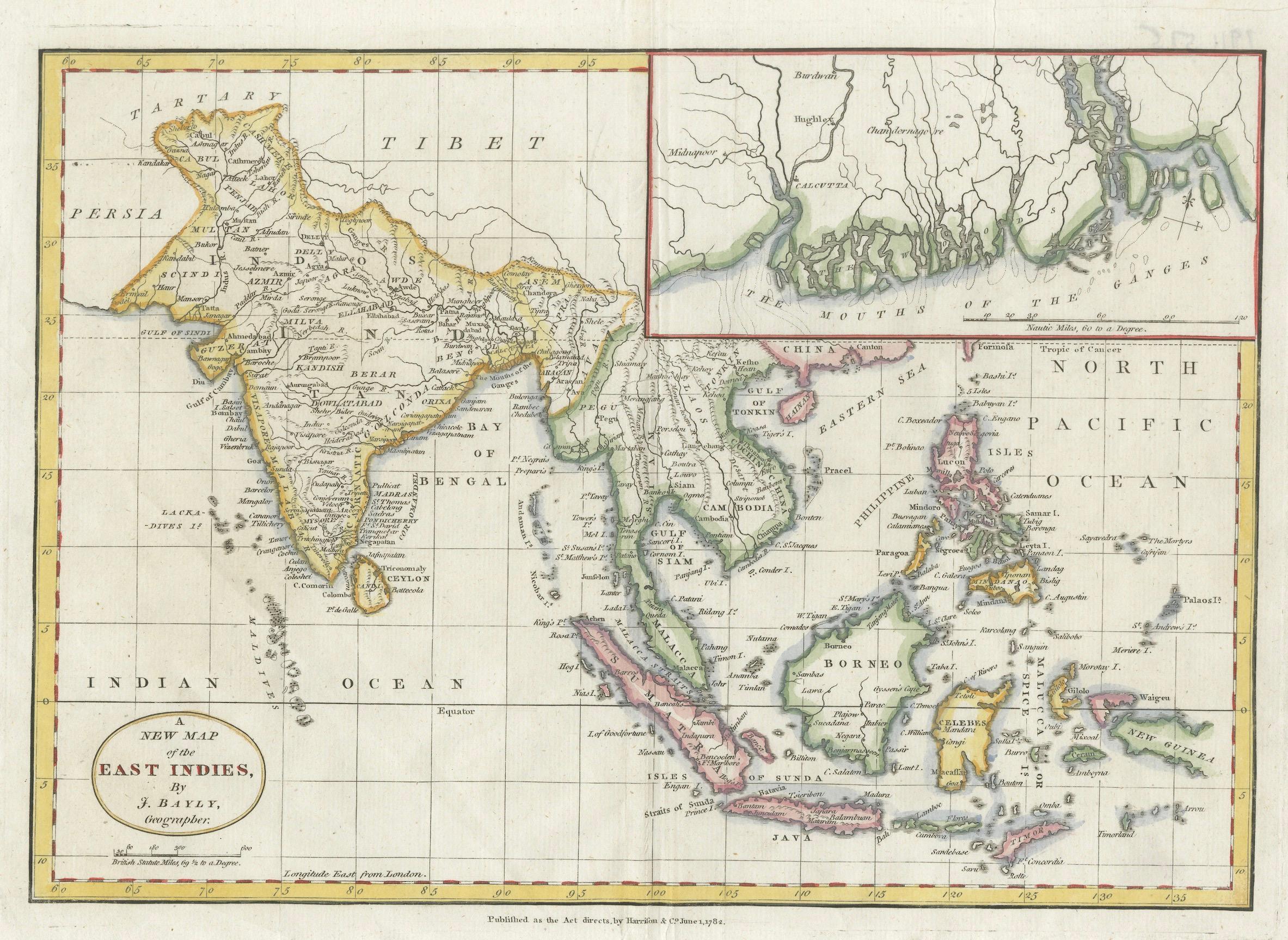 1782 Mapa de las Indias Orientales - India, Siam, Filipinas, Java, Borneo, Ganges en venta 3