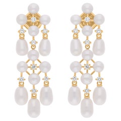 17.83 Carat Pearl Chandelier Earrings 0.58 Ct SI/H Diamond 14 Karat Yellow Gold
