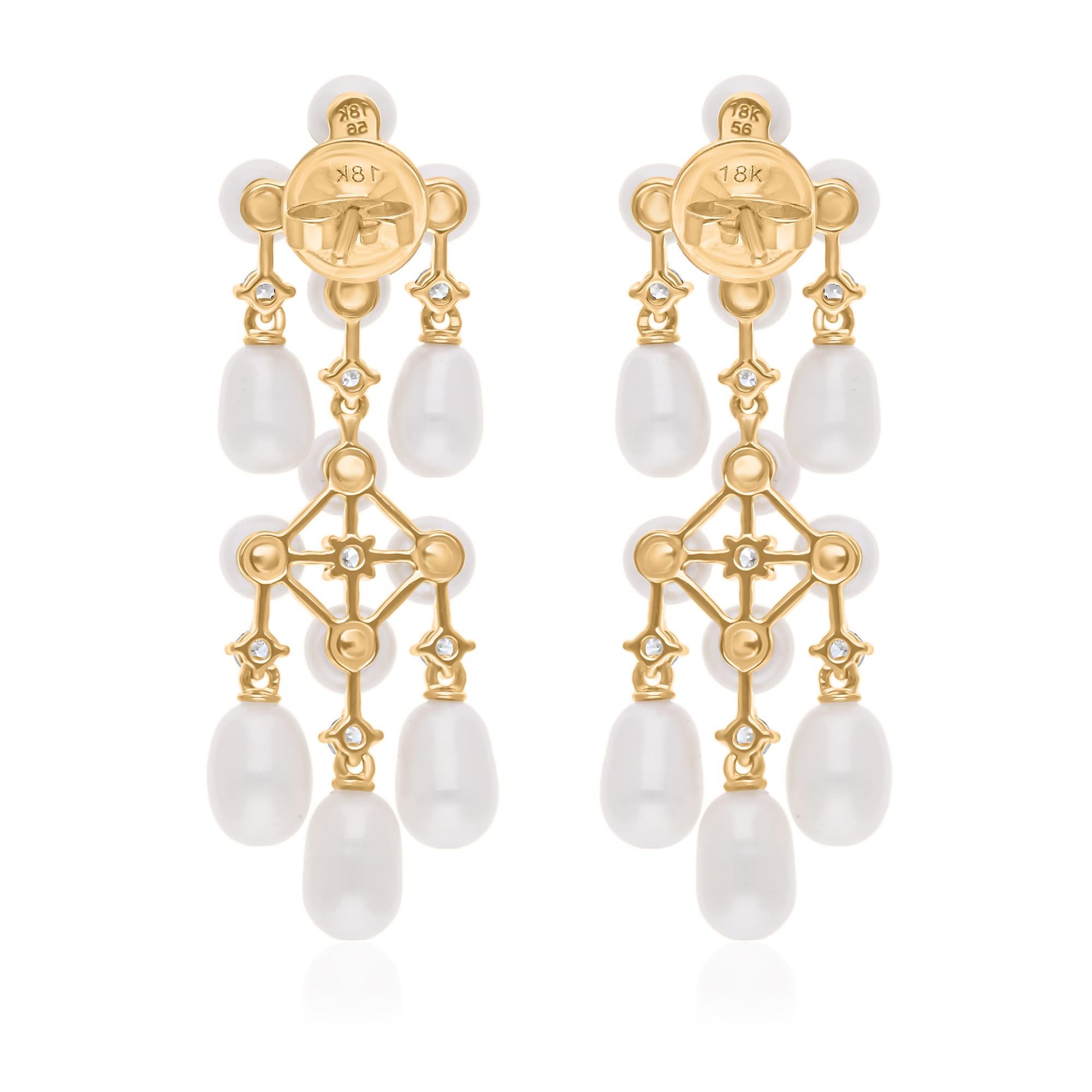 Modern 17.83 Carat Pearl Chandelier Earrings 0.58 Ct SI/H Diamond 18 Karat Yellow Gold For Sale