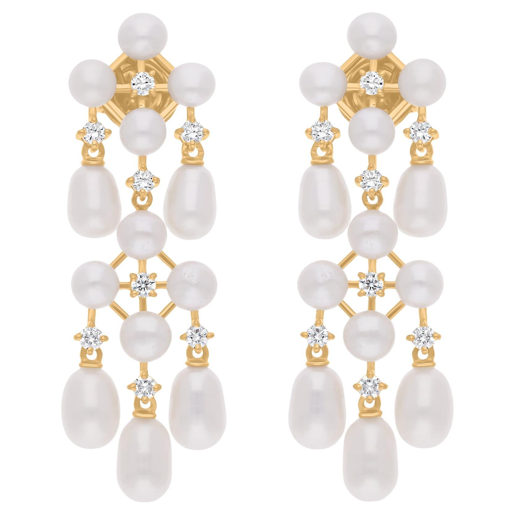 17.83 Carat Pearl Chandelier Earrings 0.58 Ct SI/H Diamond 18 Karat Yellow Gold For Sale