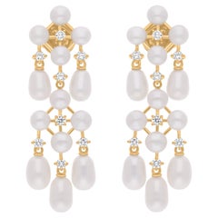 17.83 Carat Pearl Chandelier Earrings 0.58 Ct SI/H Diamond 18 Karat Yellow Gold