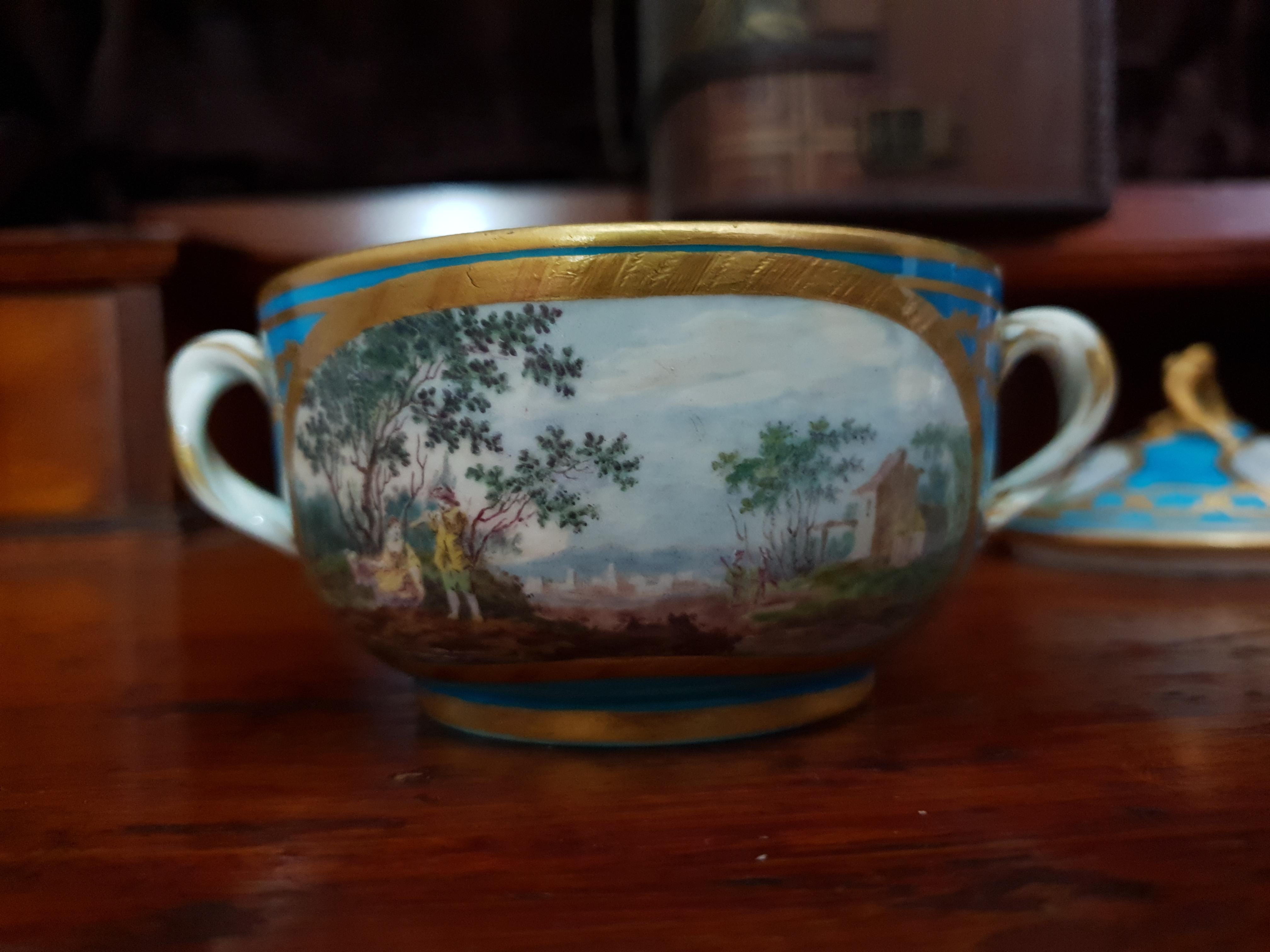  18th Century Sevres Blue Hand Painted Lidded Chocolate Cup & Saucer For Sale 4