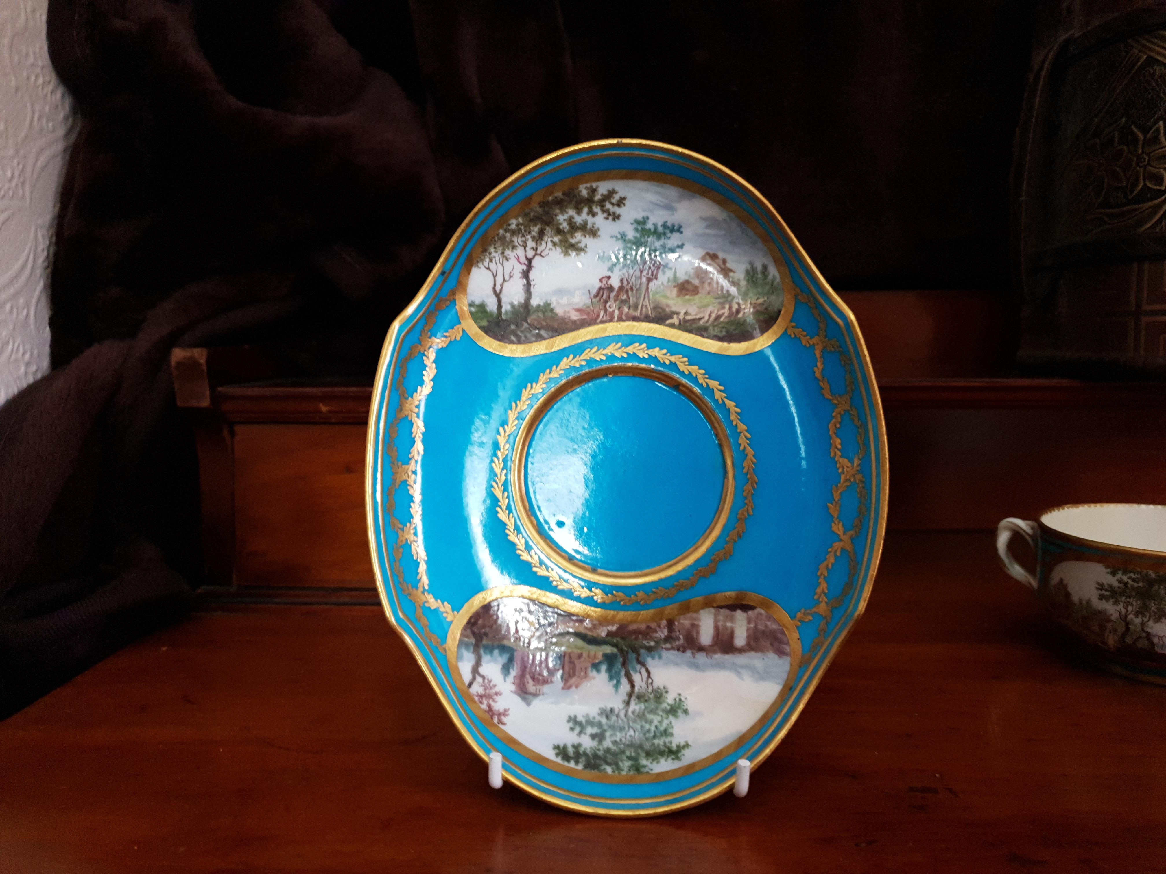 18th Century and Earlier  18th Century Sevres Blue Hand Painted Lidded Chocolate Cup & Saucer For Sale