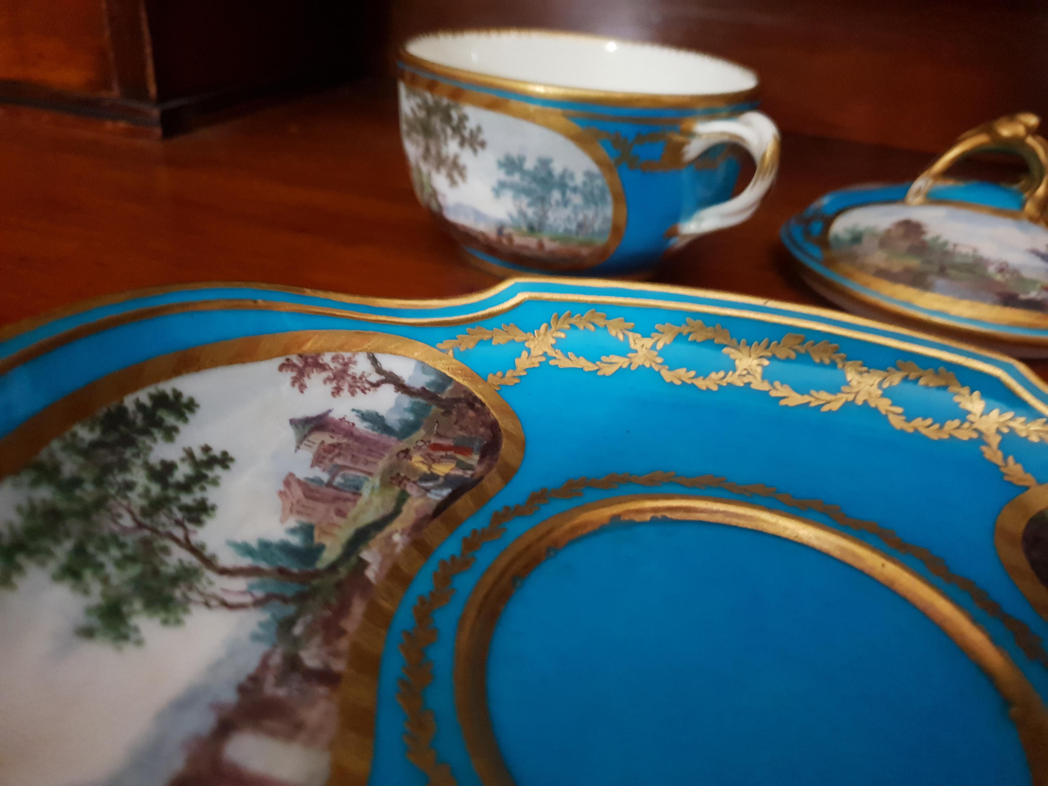 Porcelain  18th Century Sevres Blue Hand Painted Lidded Chocolate Cup & Saucer For Sale