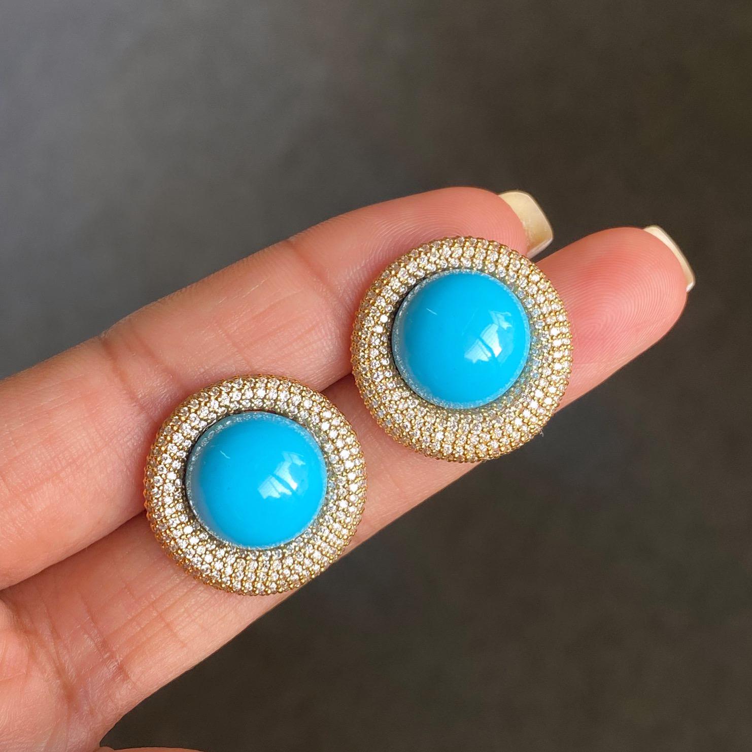 Art Deco 17.84 Carat Turquoise and 3.16 Carat Diamond Studs in 18K Yellow Gold For Sale