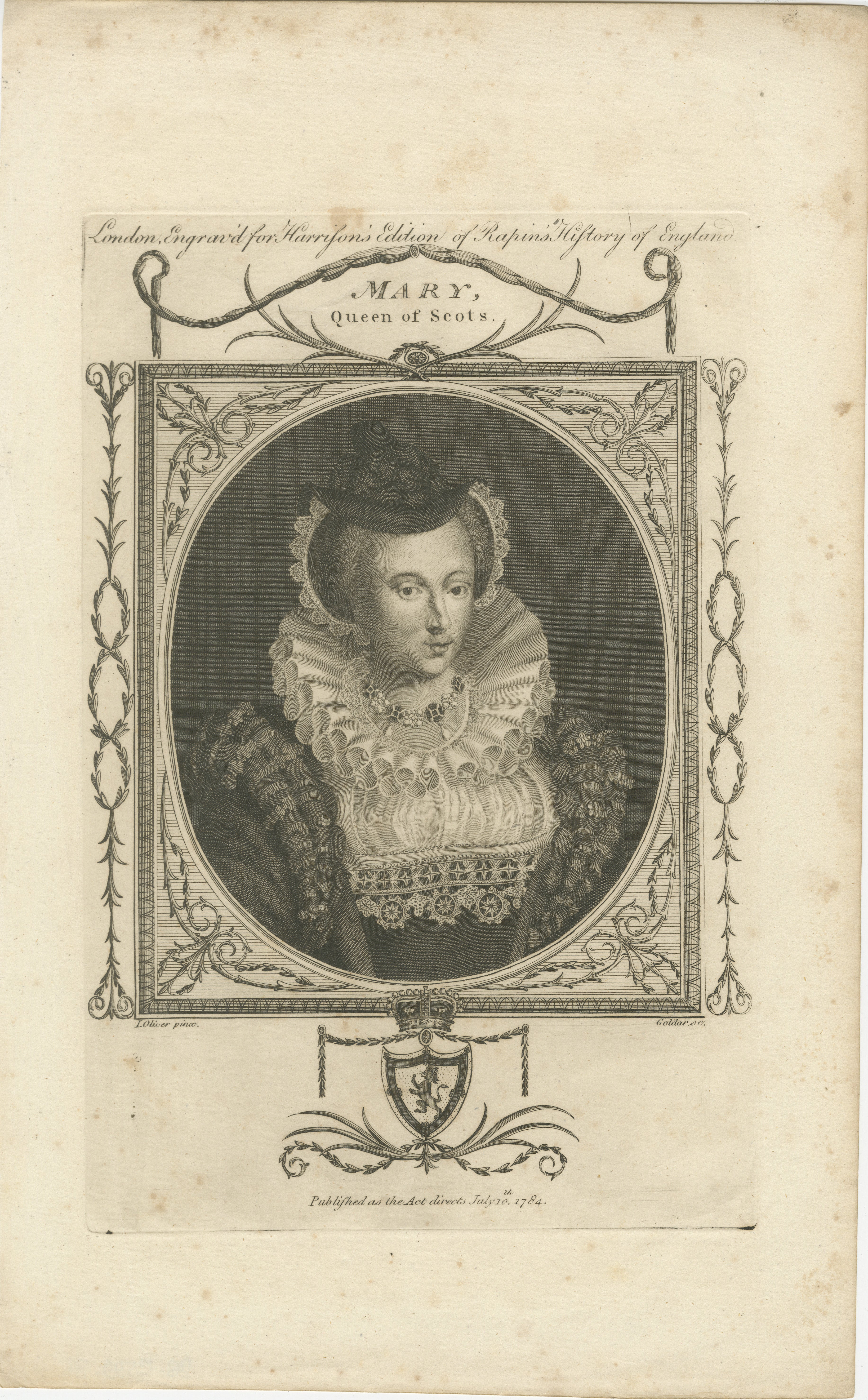 This is an authentic engraved portrait of Mary, Queen of Scots. 

Mary was one of the most fascinating and tragic figures in Scottish and English history. She became queen consort in France through her marriage to Francis II, and after being