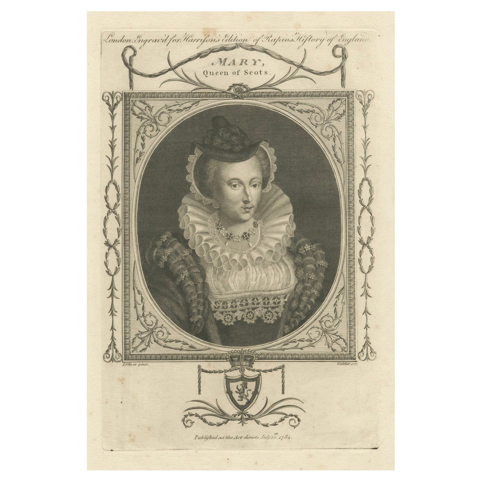1784 Gestochene Eleganz von Maria, Königin der Schotten - Tragische Monarchin