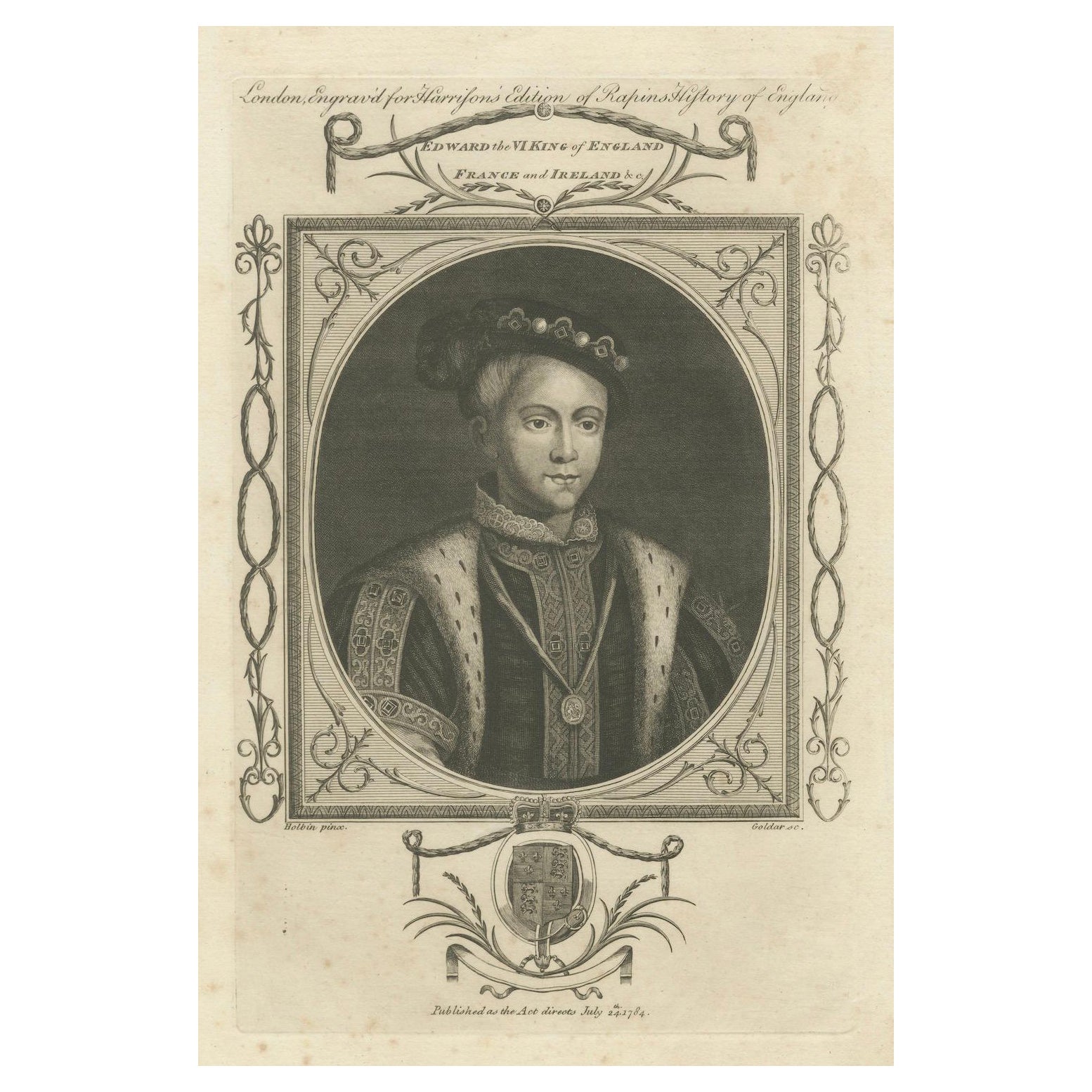 1784 graviertes Porträt von Edward VI. – junger englischer Monarch