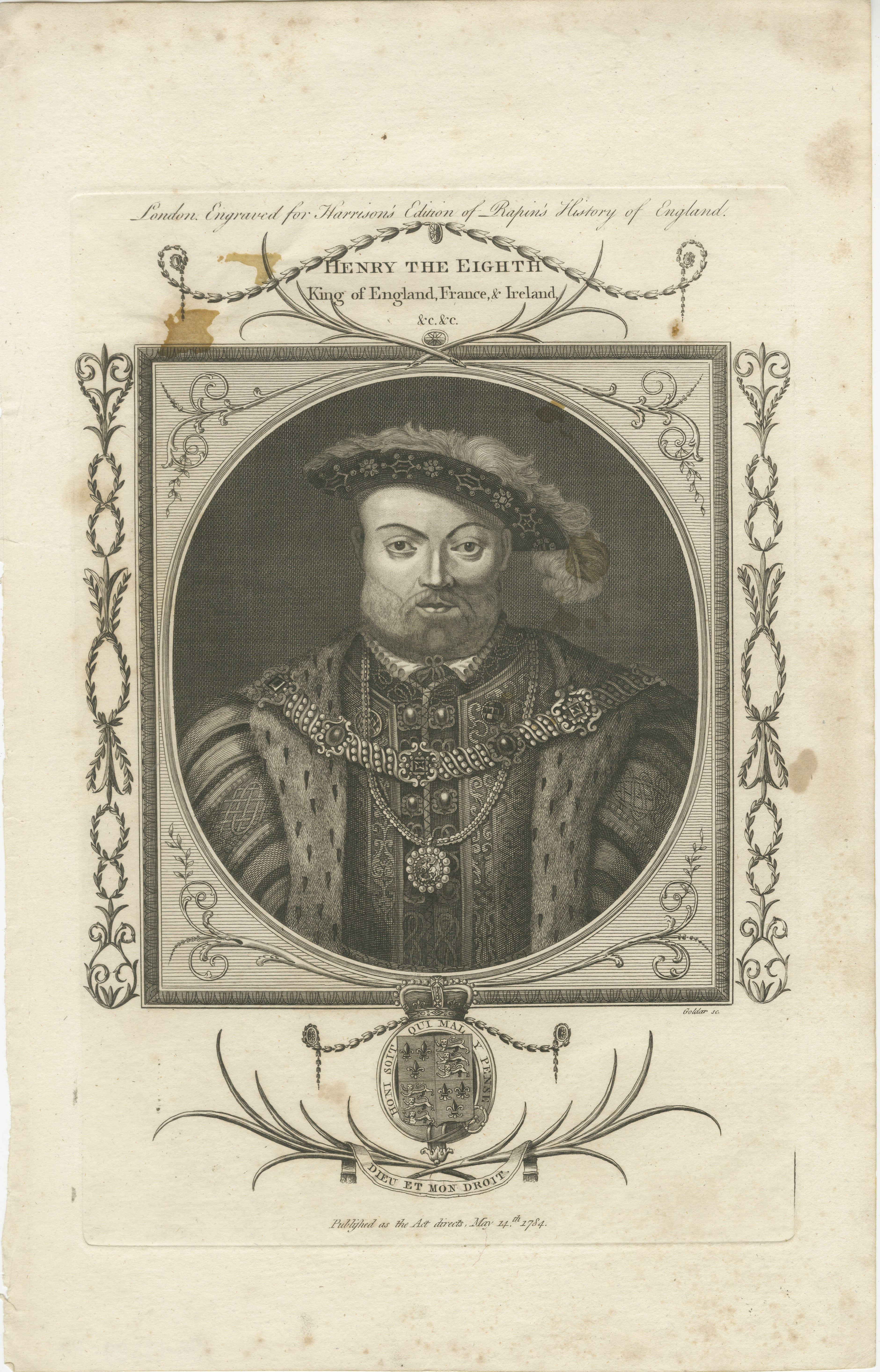 An engraved portrait of Henry VIII, King of England, famous for his role in the separation of the Church of England from the Roman Catholic Church. 

His reign saw the Dissolution of the Monasteries and significant changes to the English