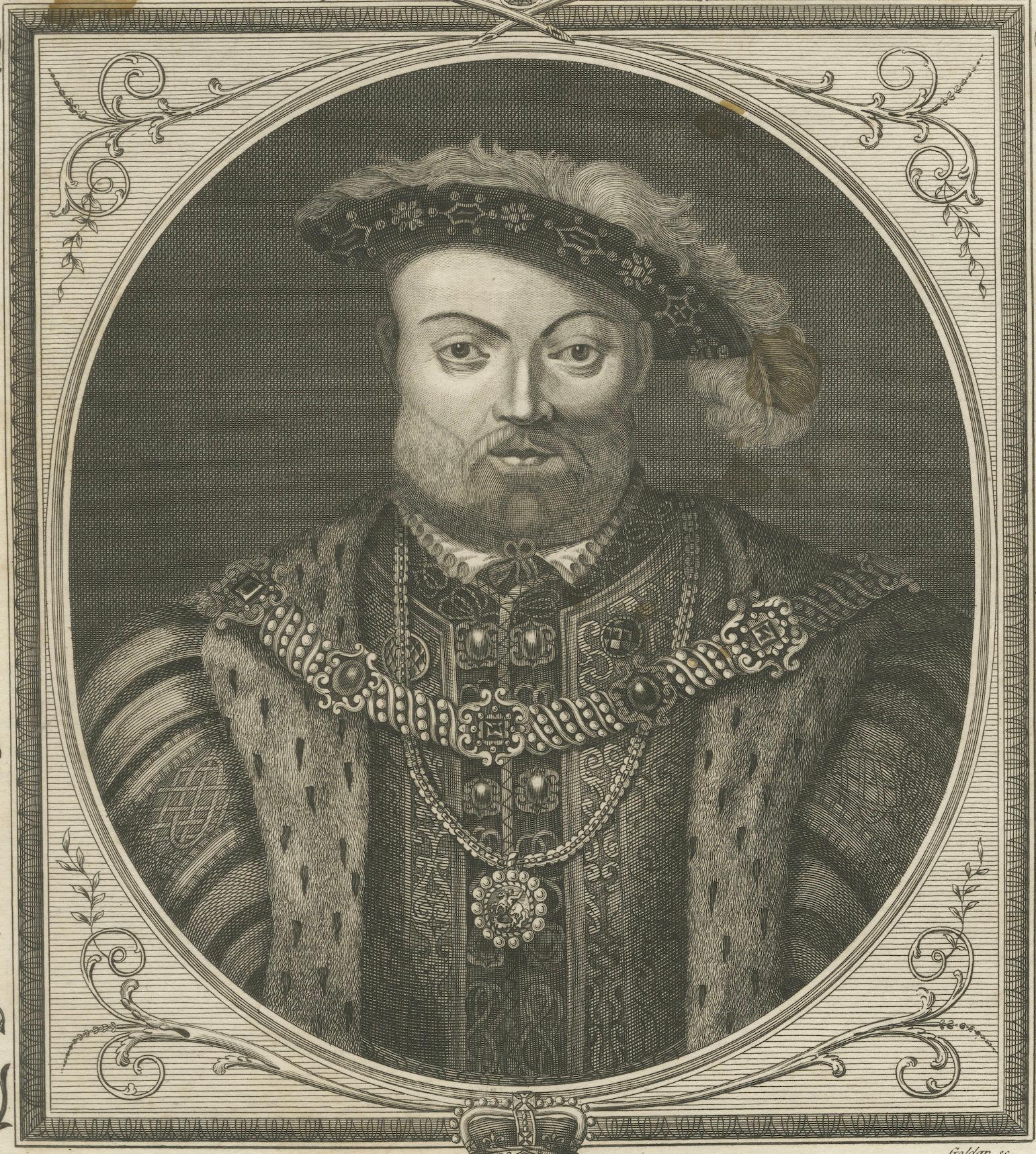 1784 Engraved Portrait of Henry VIII - Tudor Power and Prestige In Fair Condition For Sale In Langweer, NL