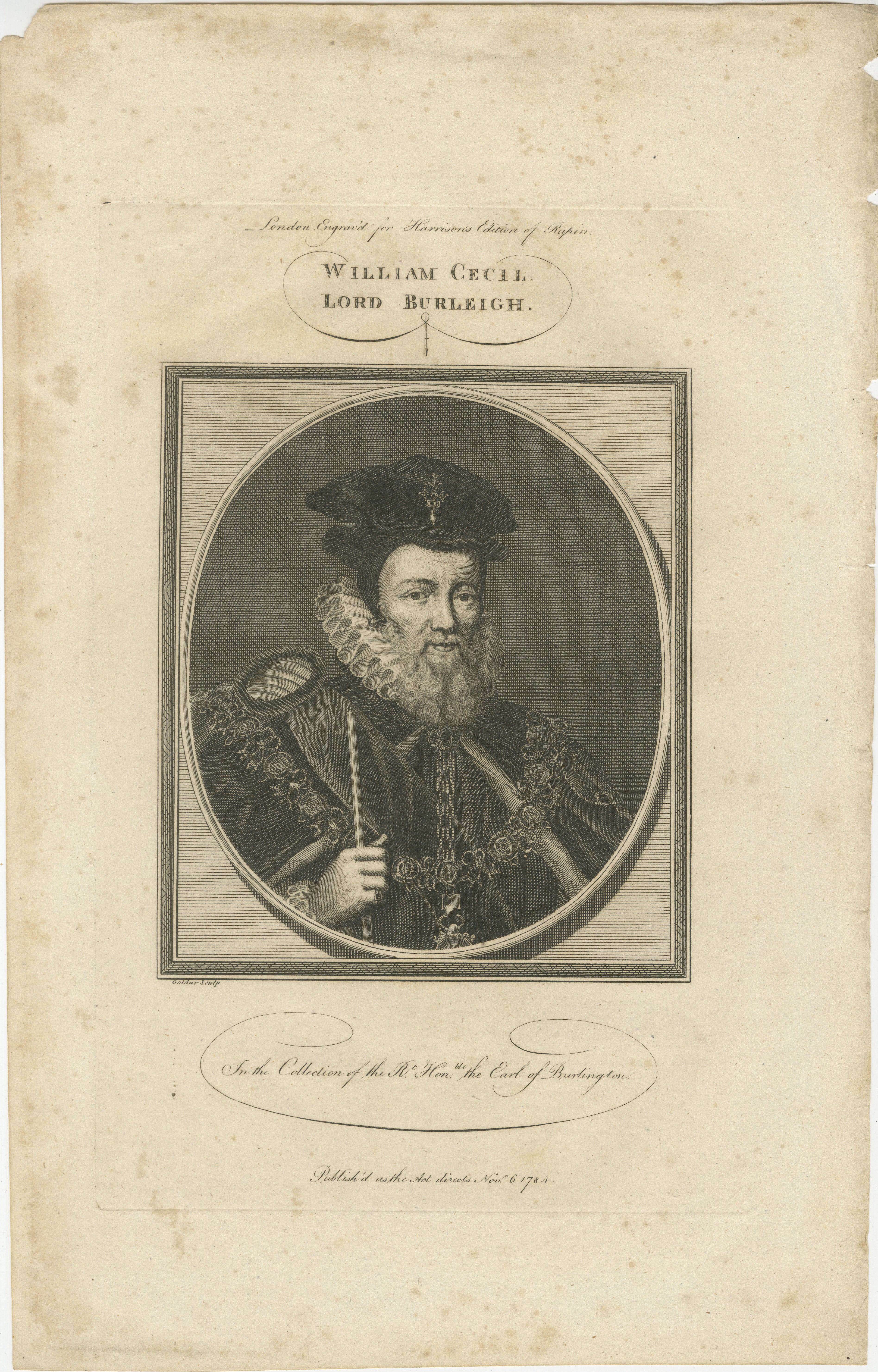 The image is an original engraved portrait of William Cecil, Lord Burleigh. 

William Cecil, 1st Baron Burghley, was a prominent statesman of the Tudor period in England and one of Queen Elizabeth I's closest advisors. He served as Secretary of