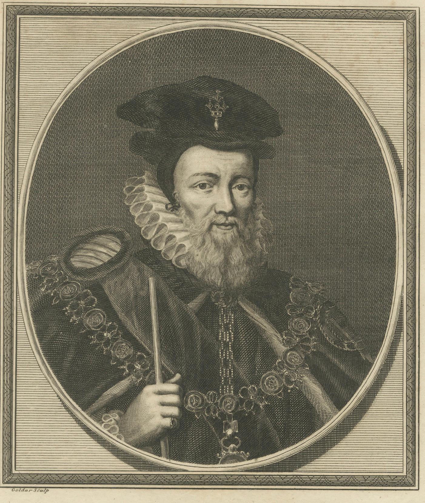1784 Engraved Portrait of William Cecil, Elizabethan Mastermind In Fair Condition For Sale In Langweer, NL