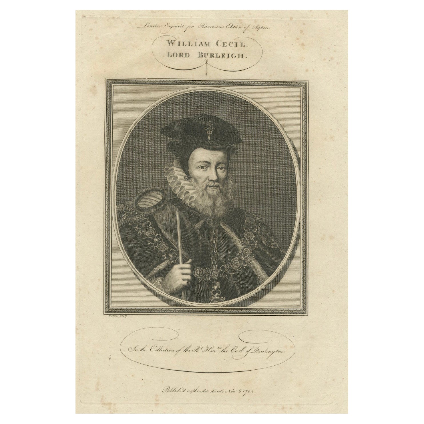 1784 Engraved Portrait of William Cecil, Elizabethan Mastermind