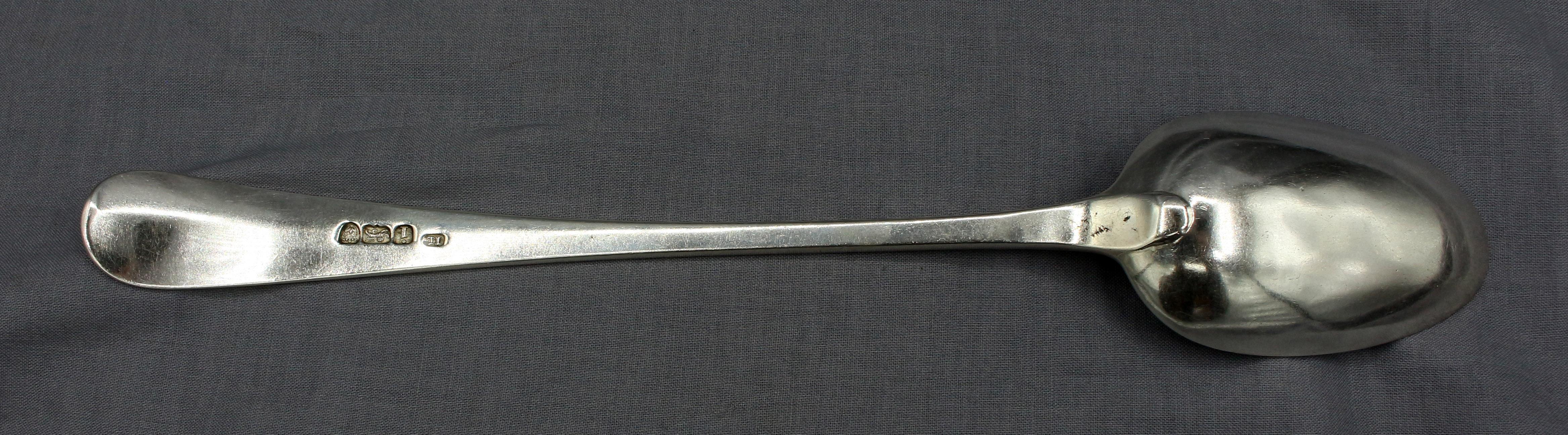 London, 1784, Old English Engraved sterling silver basting spoon. George III period by John Lamb (2nd mark of 1782) working 29 Fetter Lane. Monogram 