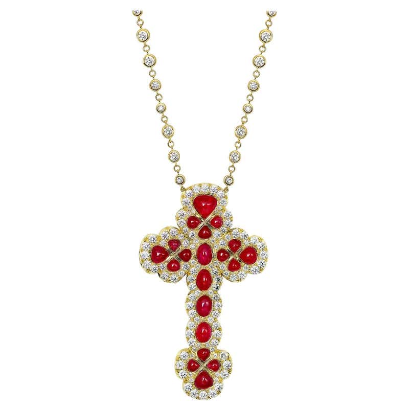 17.85 Carat Diamond and 24.00 Carat Cabochon Ruby Gold Cross Necklace For Sale at 1stdibs 17.85 Carat Diamond and 24.00 Carat Cabochon Ruby Gold Cross Necklace For Sale at 1stdibs