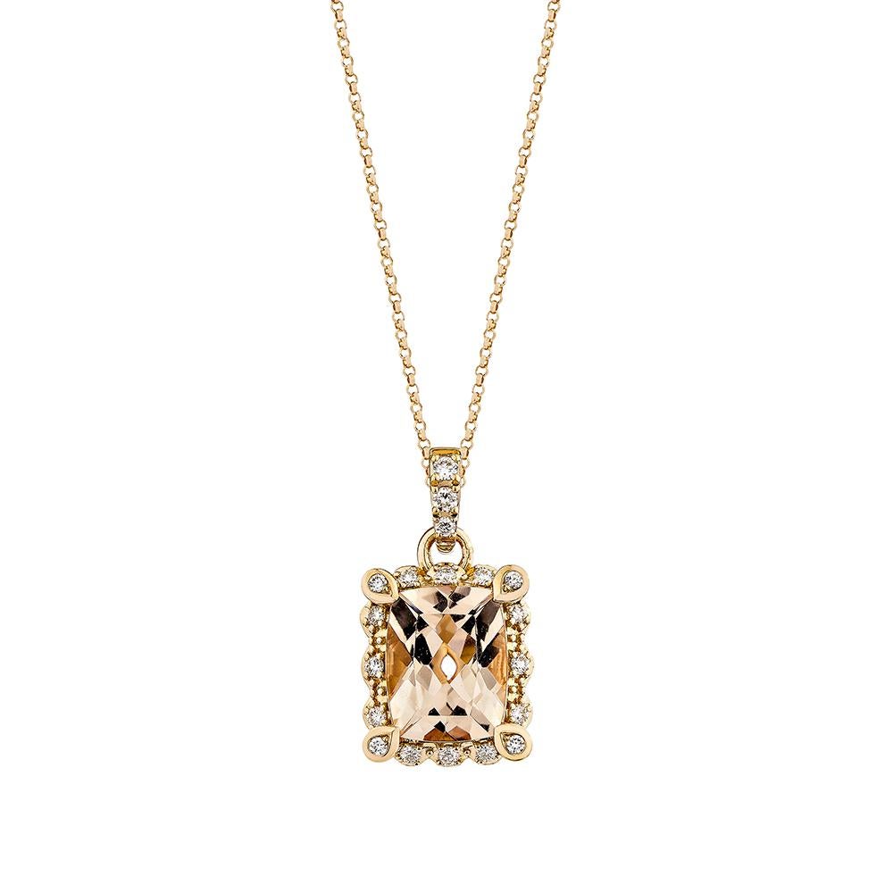 This collection includes a range of Morganite, which is a symbol of love and relationships, making it an excellent choice for a variety of applications. Accented with White Diamonds this pendant is made in Rose Gold and present a classic yet elegant