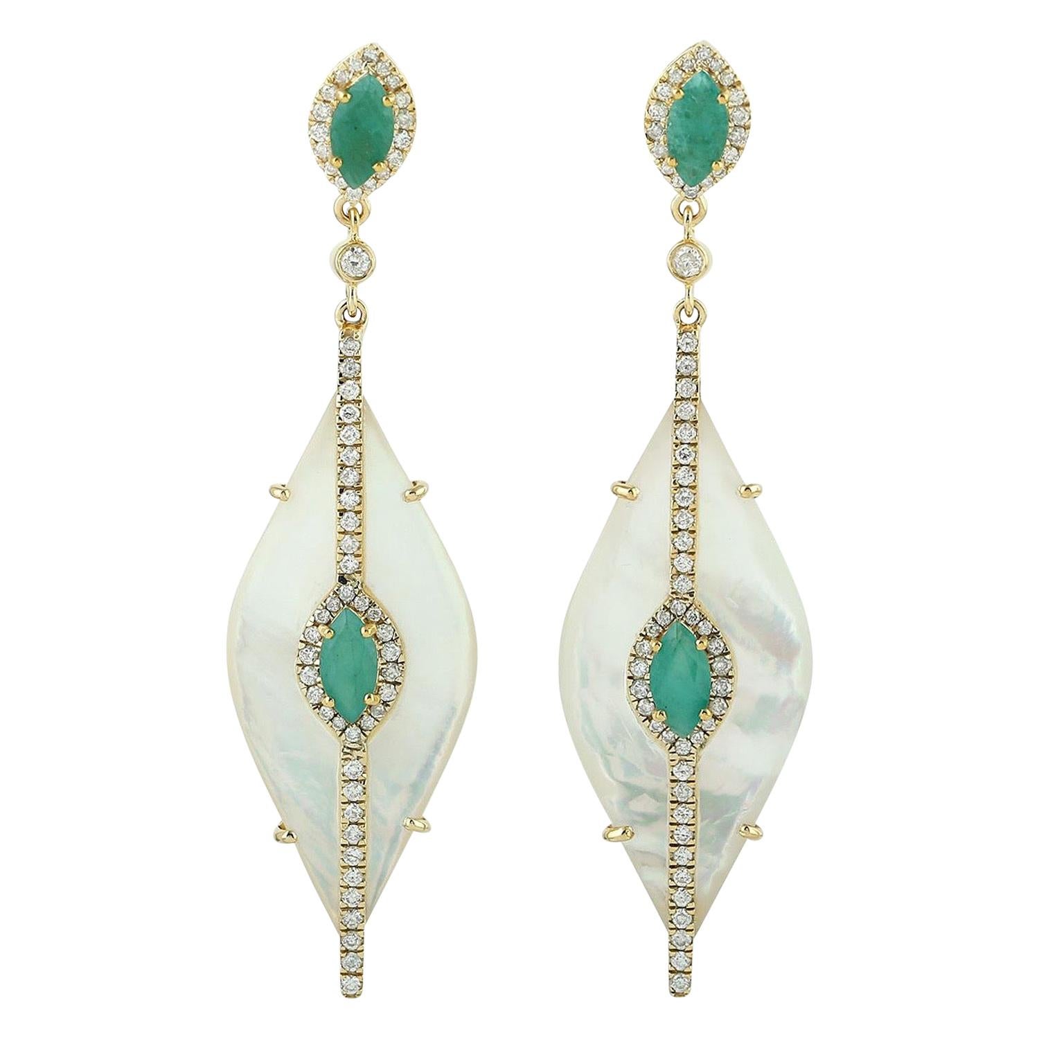 17.85 Carat Mother of Pearl Emerald Diamond 18 Karat Gold Earrings
