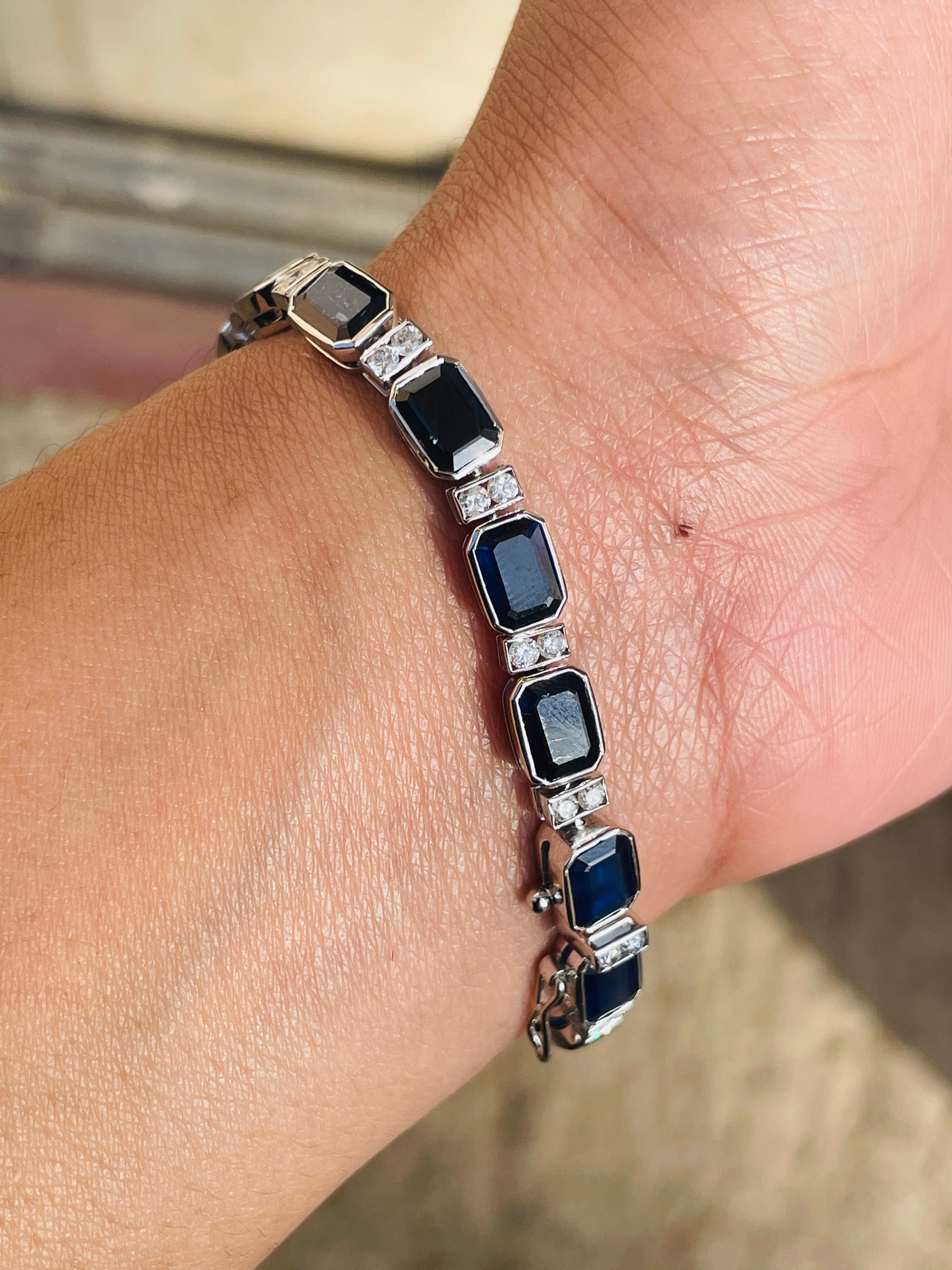 Blue Sapphire and Diamond bracelet in 18K Gold. It has a perfect octagon cut gemstone to make you stand out on any occasion or an event.
A tennis bracelet is an essential piece of jewelry when it comes to your wedding day. The sleek and elegant