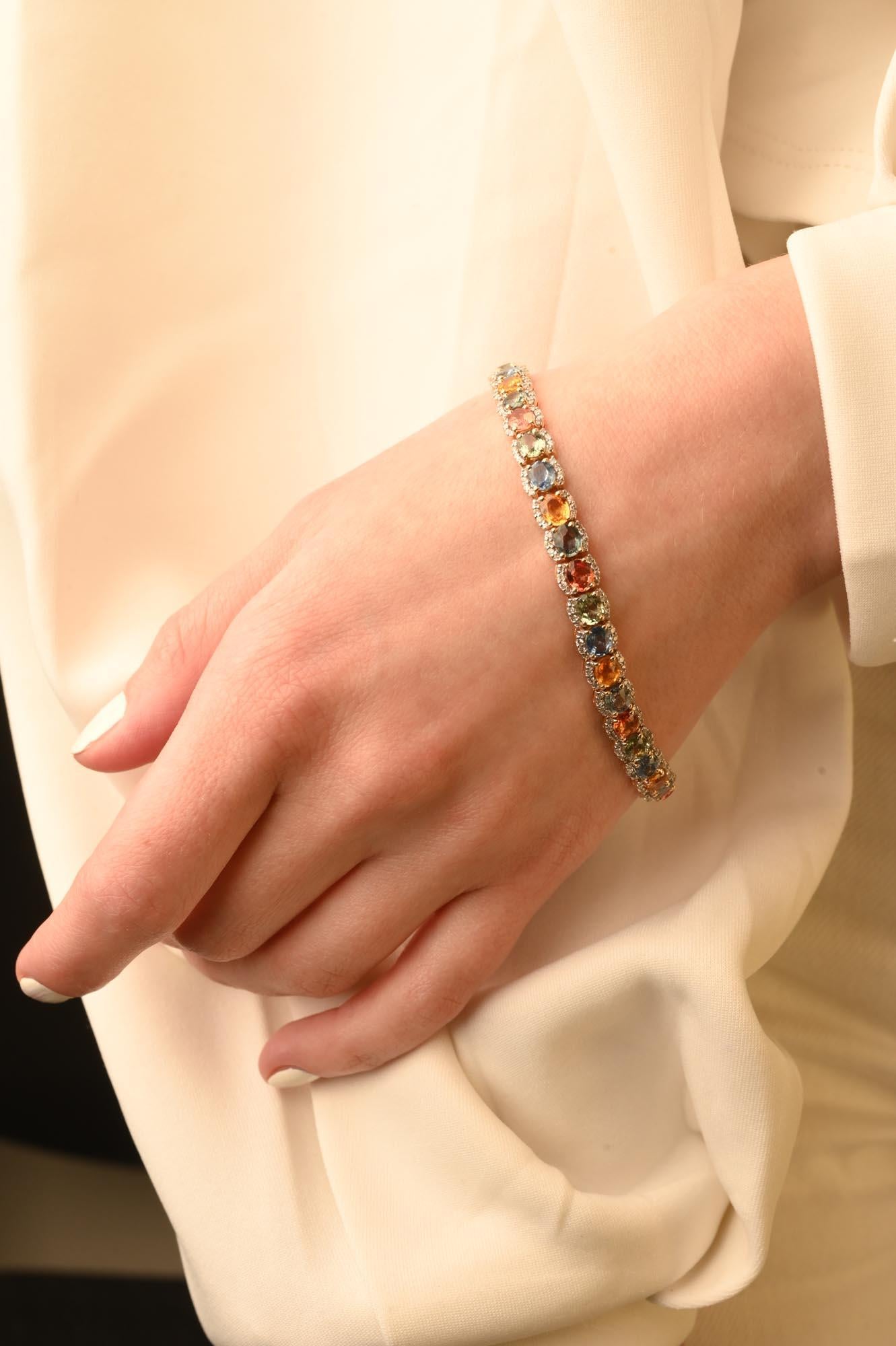 Bracelet tennis de mariage en or jaune 14 carats avec plusieurs saphirs de 17,85 carats et diamants en vente 4