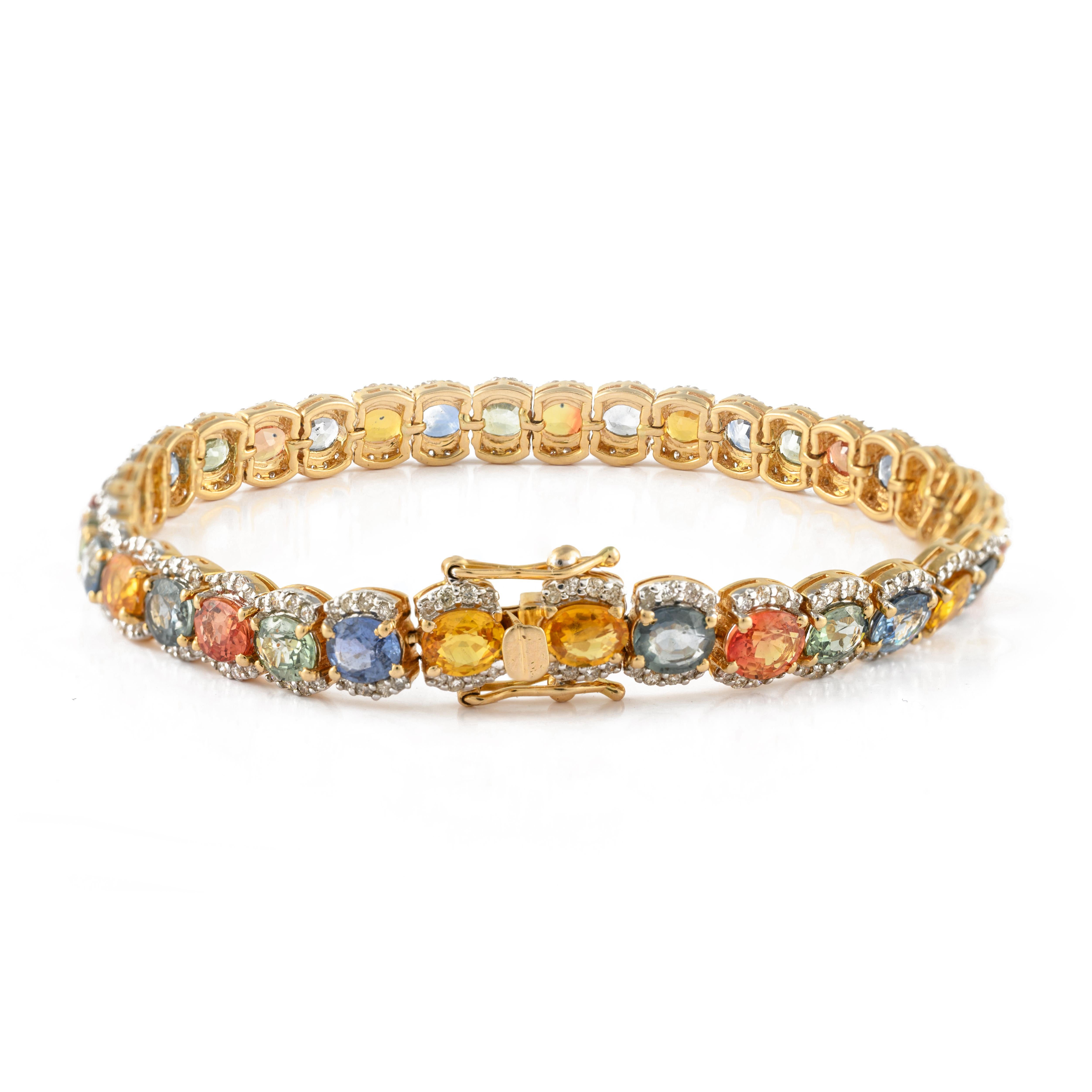 Oval Cut 17.85 ct Multi Sapphire Wedding Tennis Bracelet with Diamonds in 14K Yellow Gold For Sale