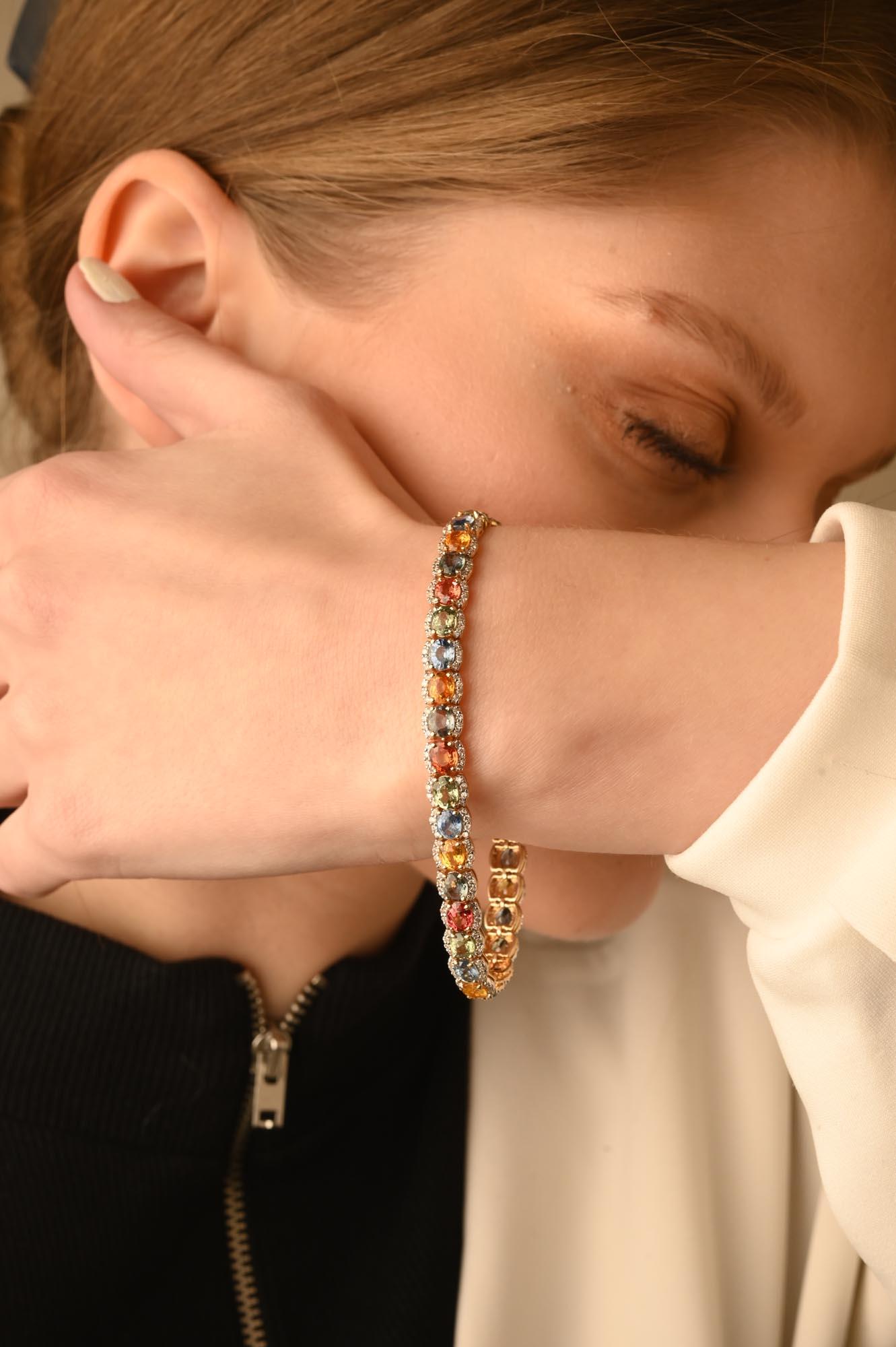 Bracelet tennis de mariage en or jaune 14 carats avec plusieurs saphirs de 17,85 carats et diamants Pour femmes en vente