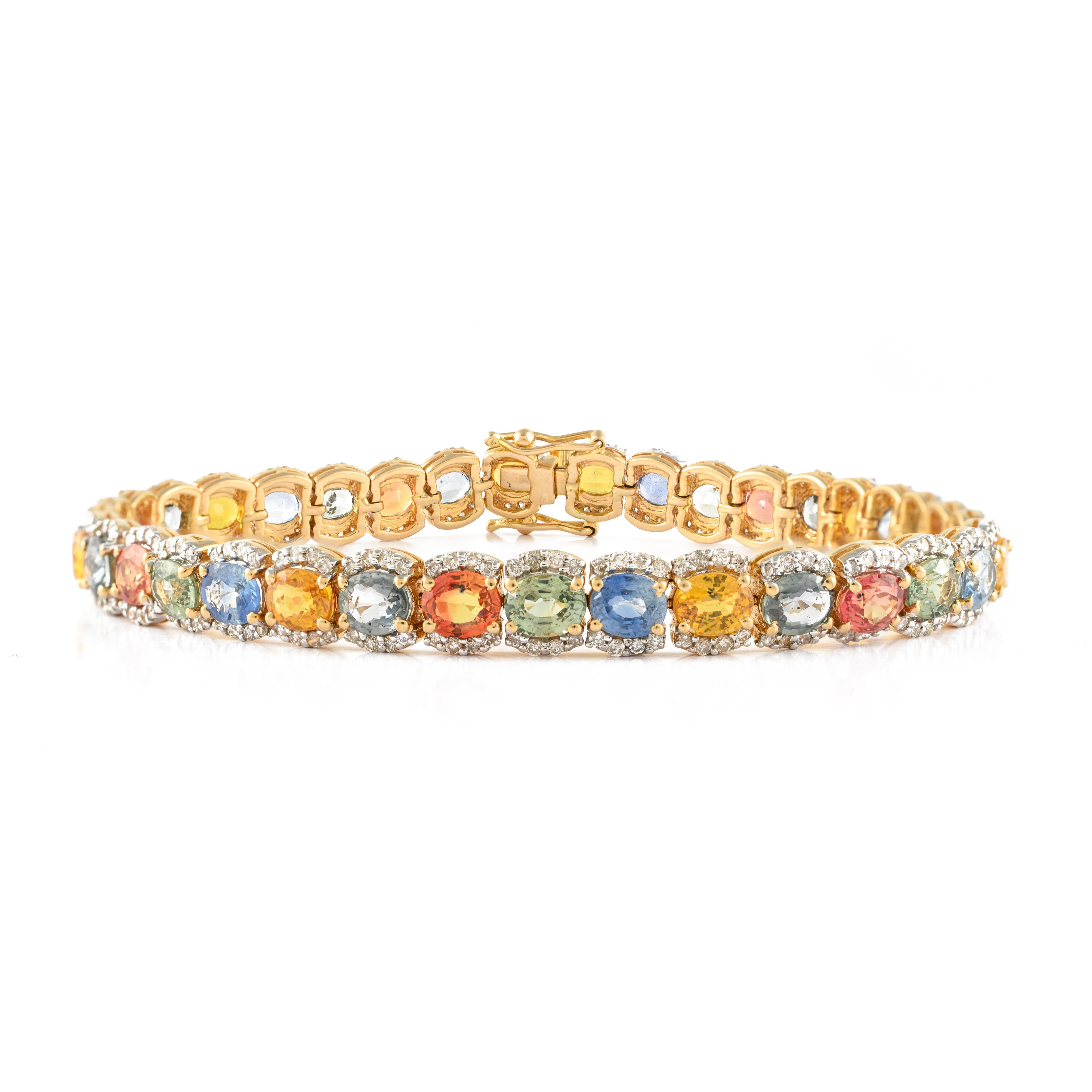Bracelet tennis de mariage en or jaune 14 carats avec plusieurs saphirs de 17,85 carats et diamants en vente 3