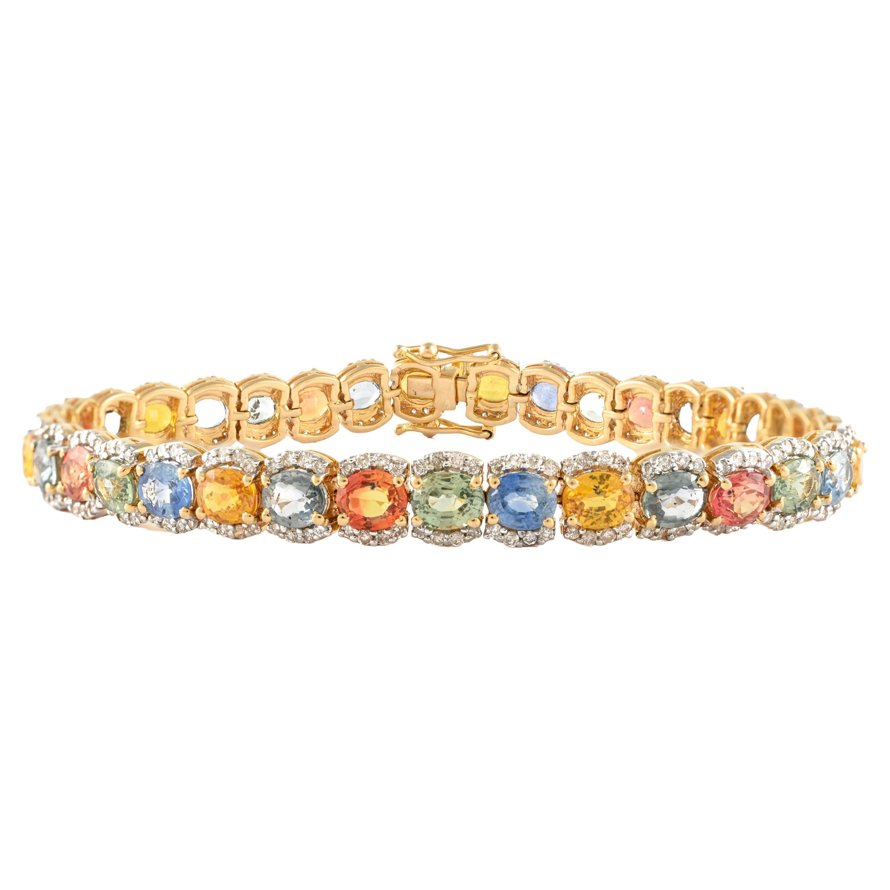 Bracelet tennis de mariage en or jaune 14 carats avec plusieurs saphirs de 17,85 carats et diamants en vente